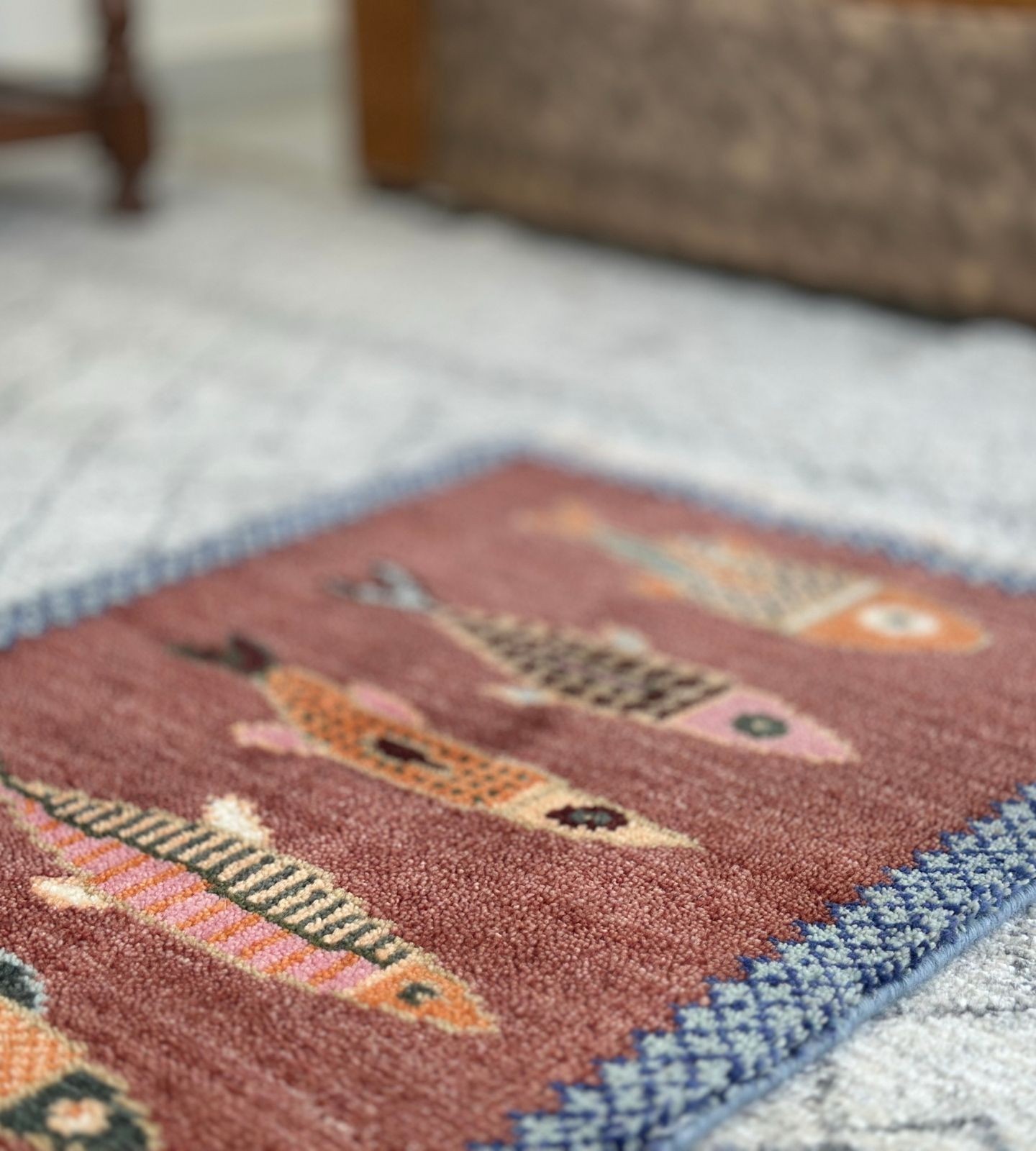 Hand Knotted Wool Fish Rug Runner | Tribal Boho Nautical Anatolian, 100% Wool