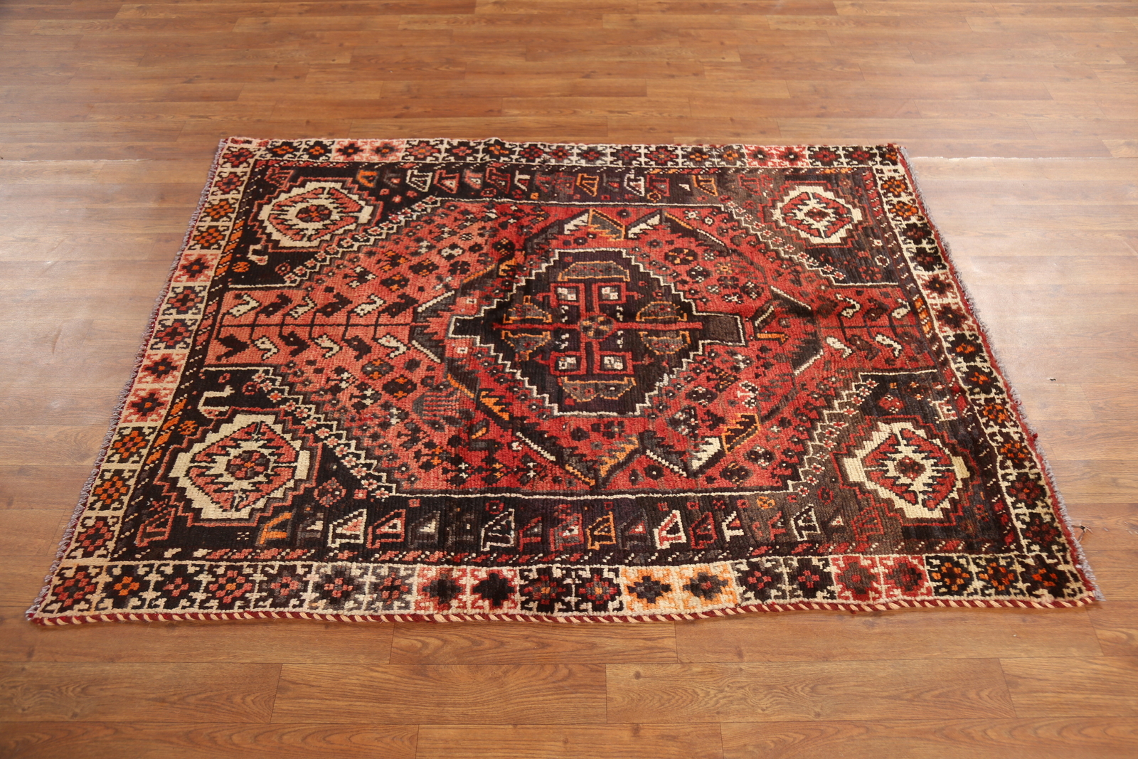 Vintage Geometric Hand-knotted Nomad Rug 4×5 Rust Wool Tribal Traditional Carpet