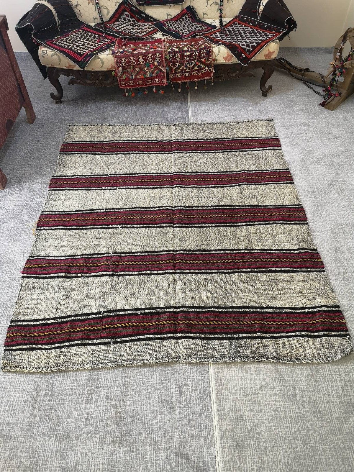 Vintage Turkish Kilim Area Rug, White Bristle, 5.1 x 6.2 ft