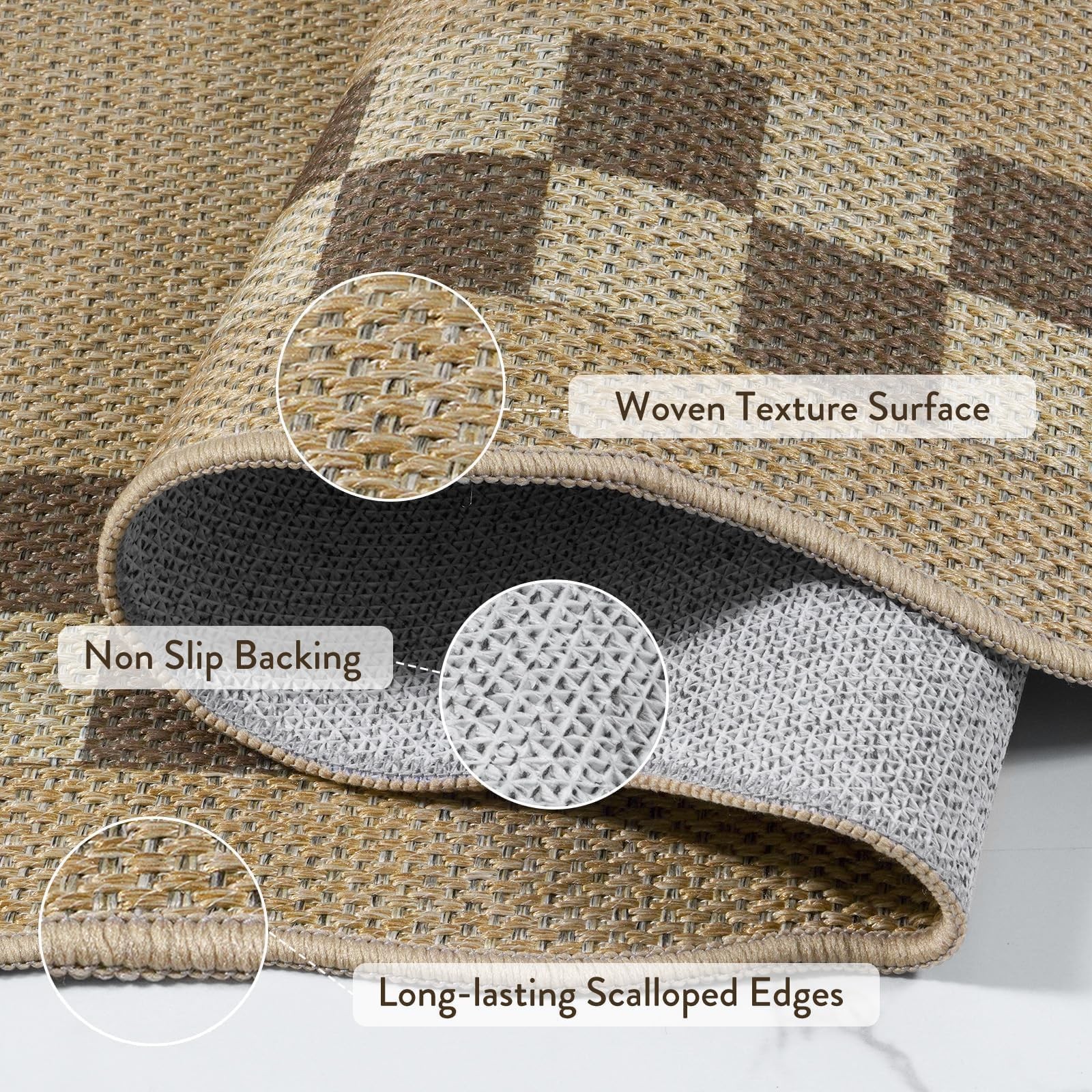 Easy Jute Checkered Runner Rug for Kitchen, Scalloped Washable 2×6 Tan Rugs f…