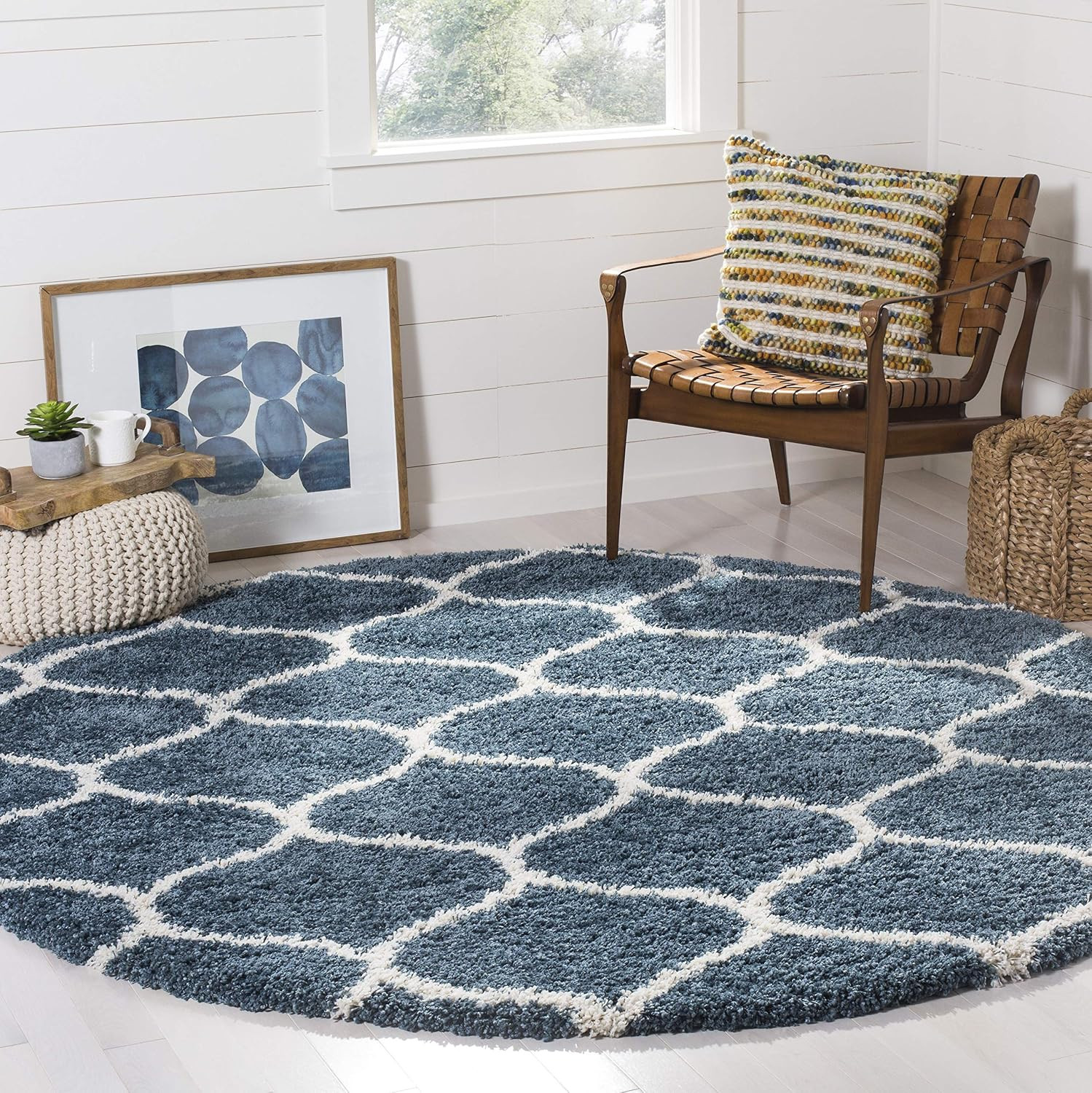 SAFAVIEH Hudson Shag Collection 3′ round Slate Blue/Ivory SGH280L Moroccan Ogee