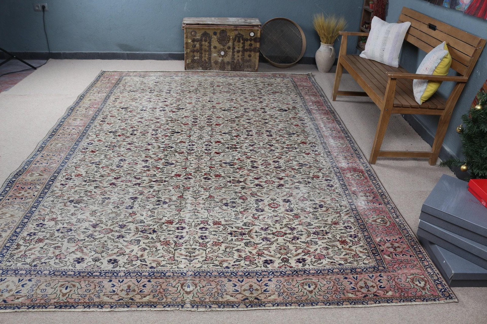 Turkish Vintage Rug, 7,7×10,6 ft Rug, Blue Oversize Floral Rug