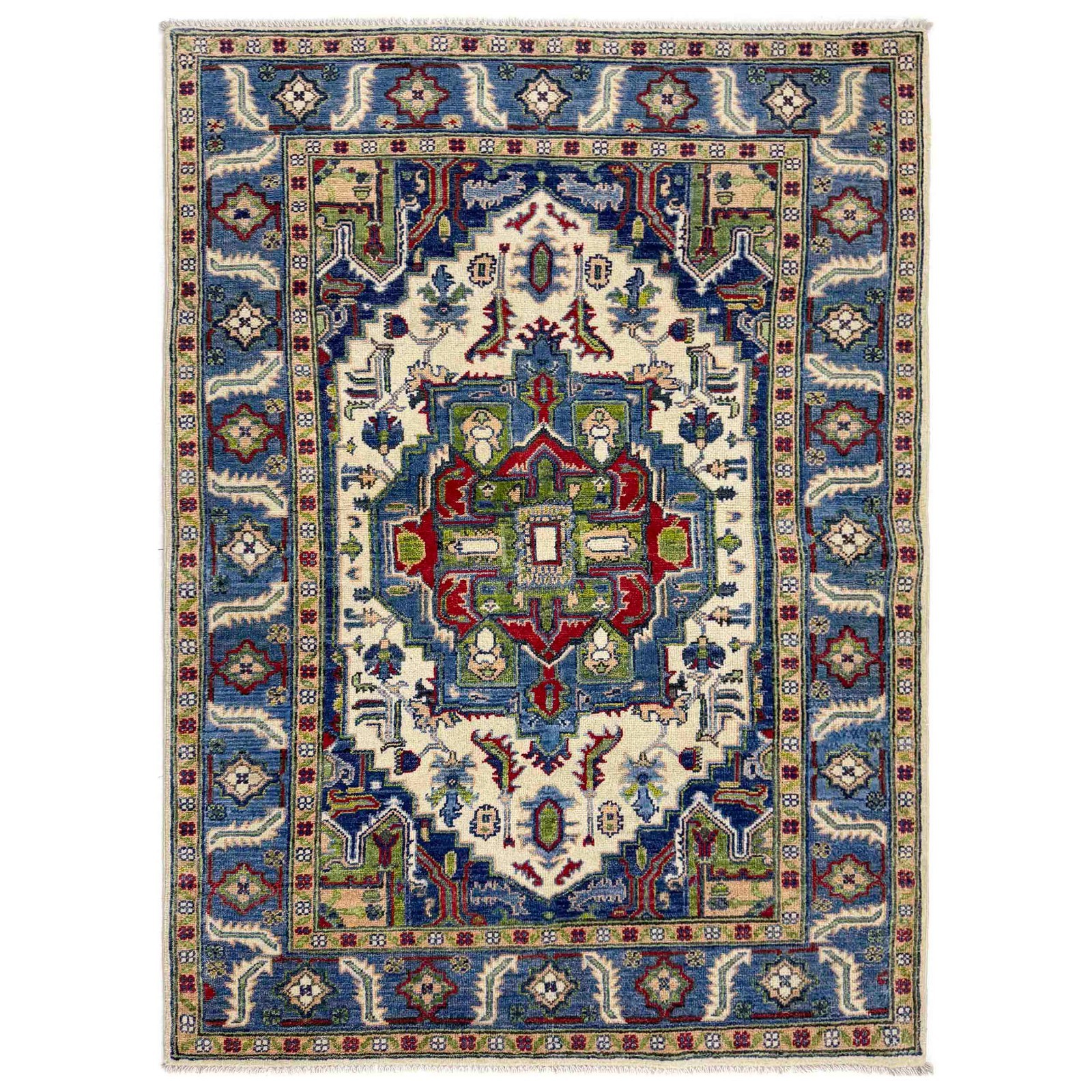 Classic Blue Ivory HandMade Rug Serapi Design Kazak Oriental Rug 4’x5’8Ft R37391
