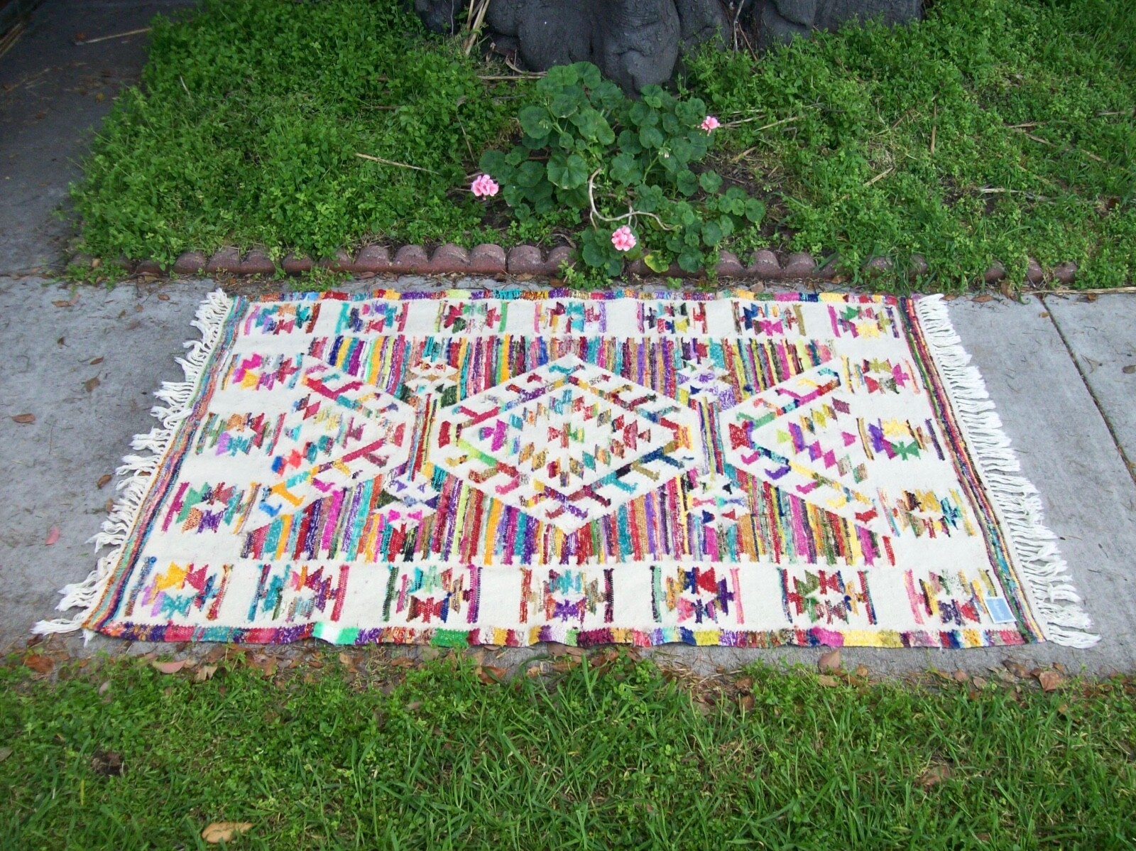 CRATE and BARREL “LAND of NOD” 49 X 70 MULTICOLOR FLAT WEAVE ETHNIC FRINGED RUG