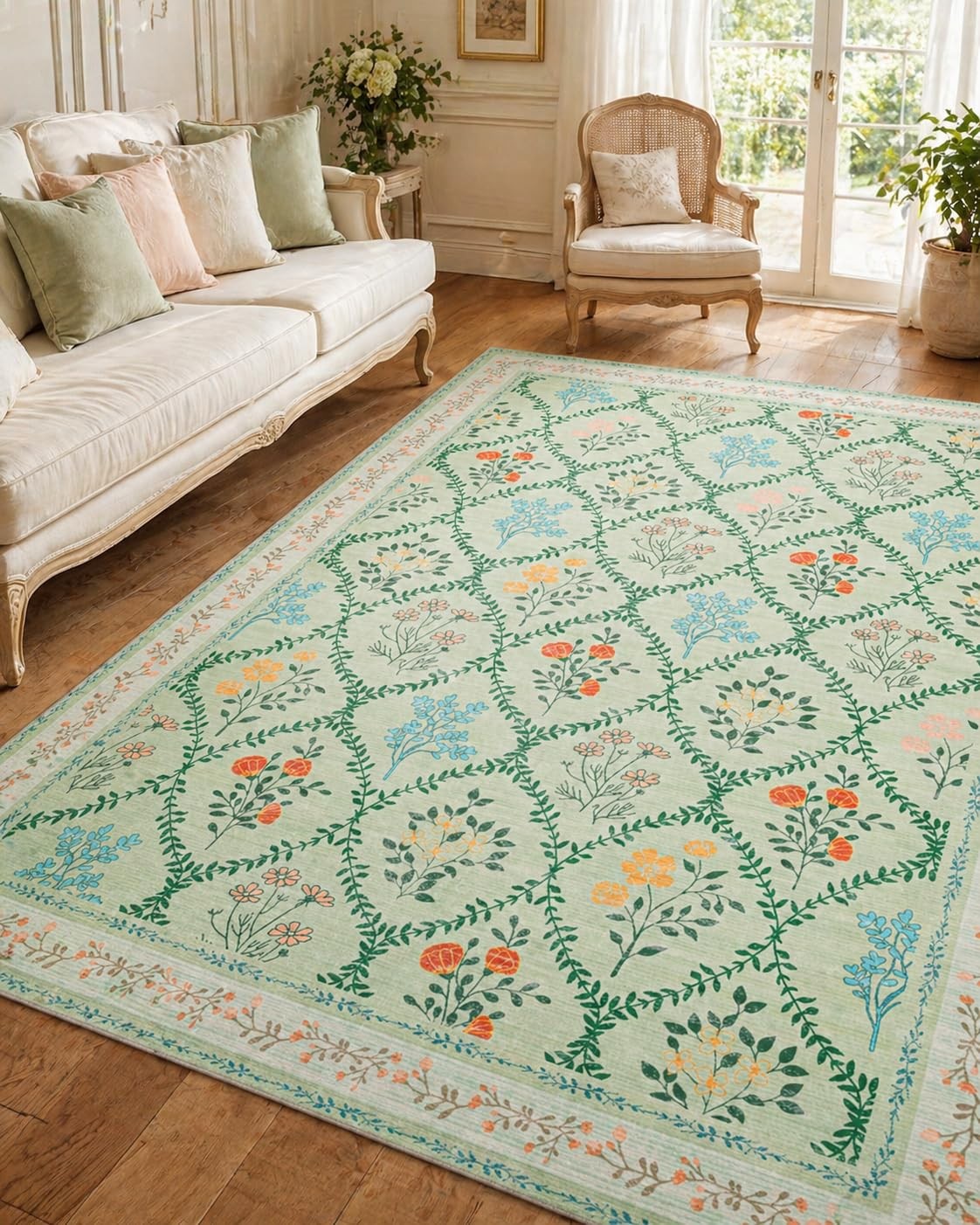 YIHOUSE Green Floral 5×7 Area Rugs for Bedroom Girls, Washable Rug Living Room