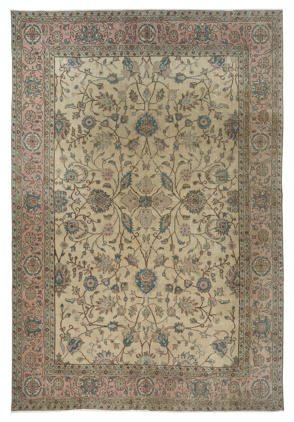 8×11.6 Ft Handmade Rug with Floral Design and Beige Field. Vintage Large Carpet
