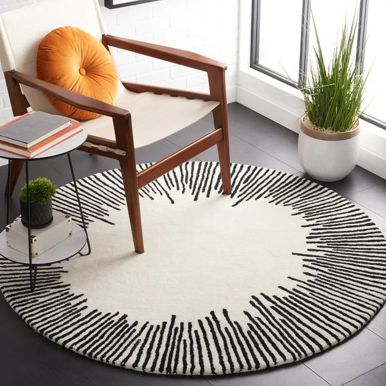 Sunburst Round Rug – Hand-Tufted Wool in Black & White | Modern Minimalist Rug
