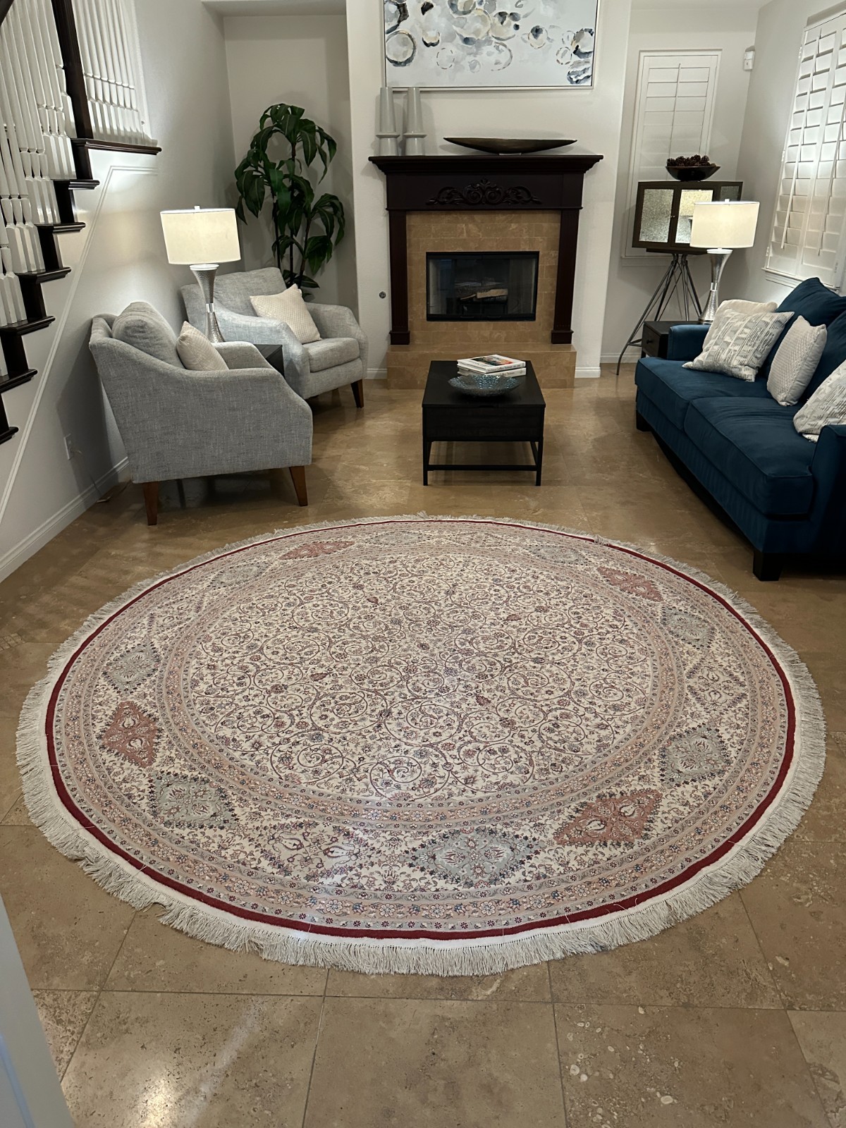 Large 102″ Nain-Style Round Floral Area Rug Fringe Ivory Burgundy Blue