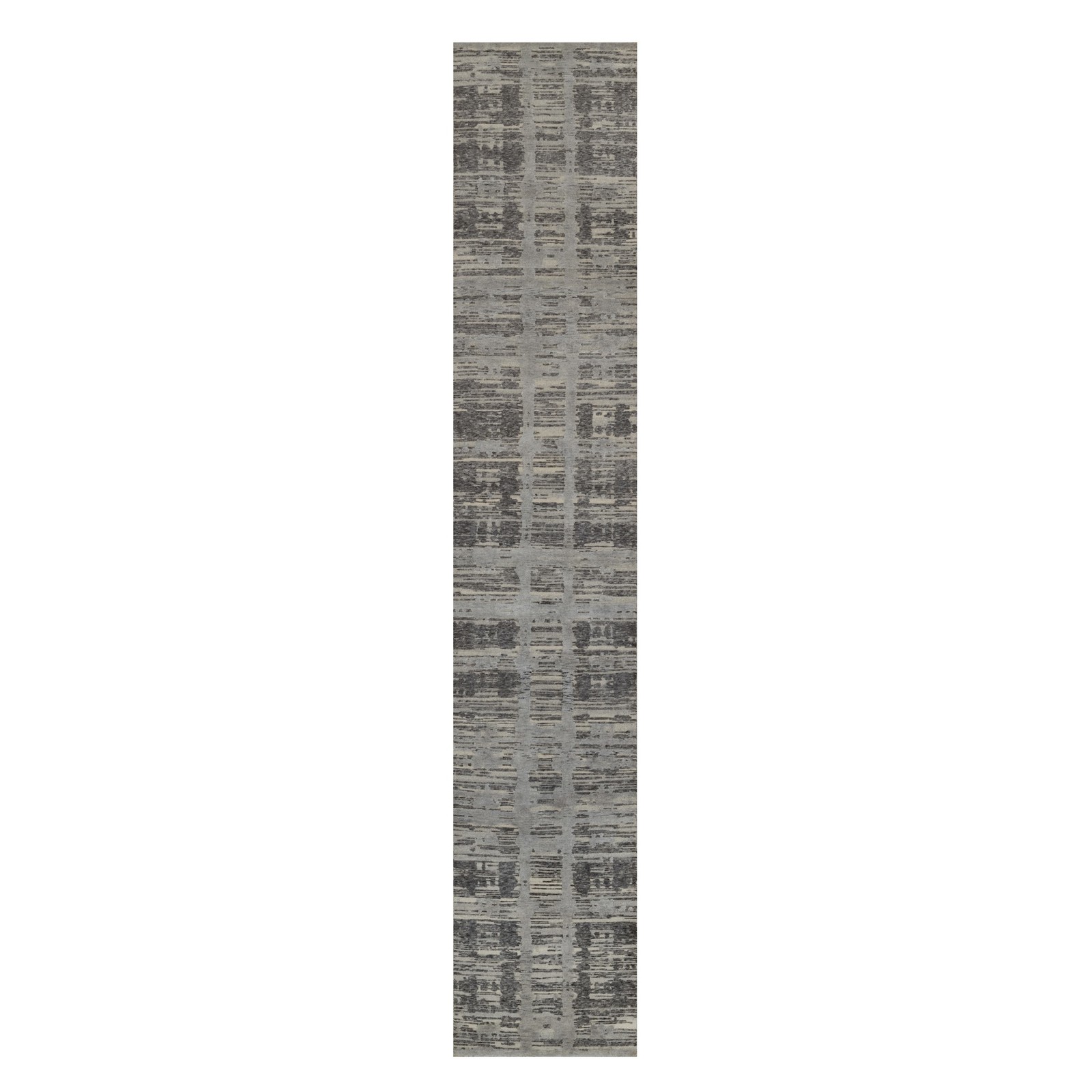 2’6″x14′ Gray Pure Wool Rug Criss Cross Erased Design Hand Knotted Runner 91810