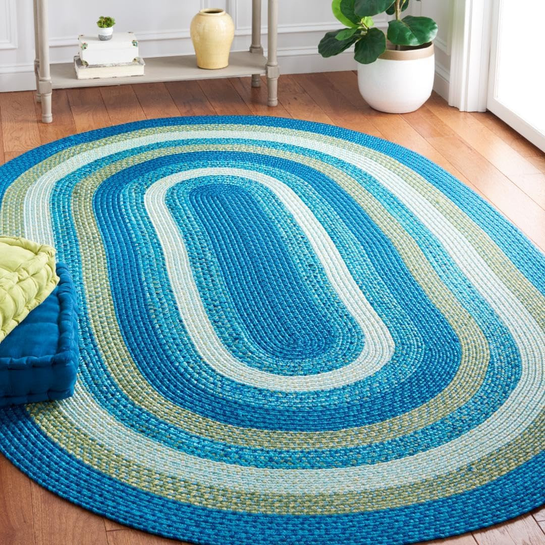 8′ x 10′ Outdoor Braided Rug, Aqua & Green, Washable & Reversible