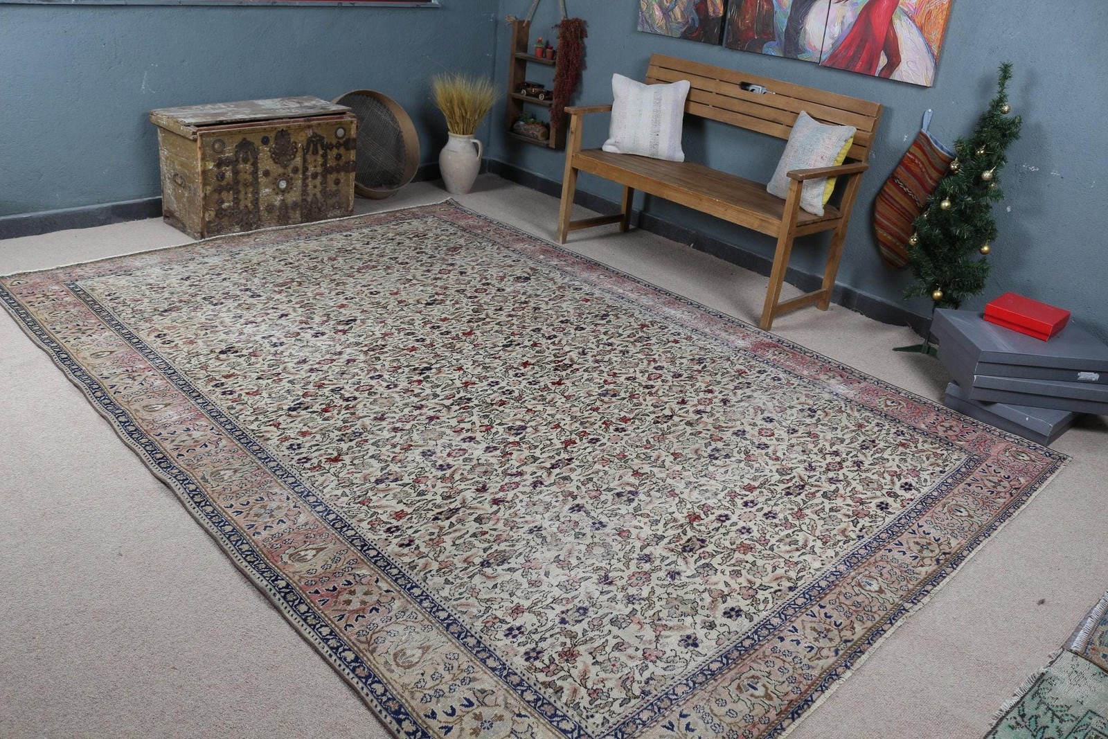 Turkish Vintage Rug, 7,7×10,6 ft Rug, Blue Oversize Floral Rug