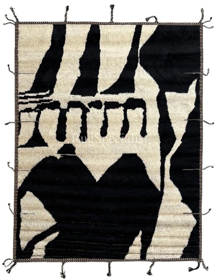 Hand Knotted Style Moroccan Berber Wool Rug Color Black Cream Design Carpet Rug