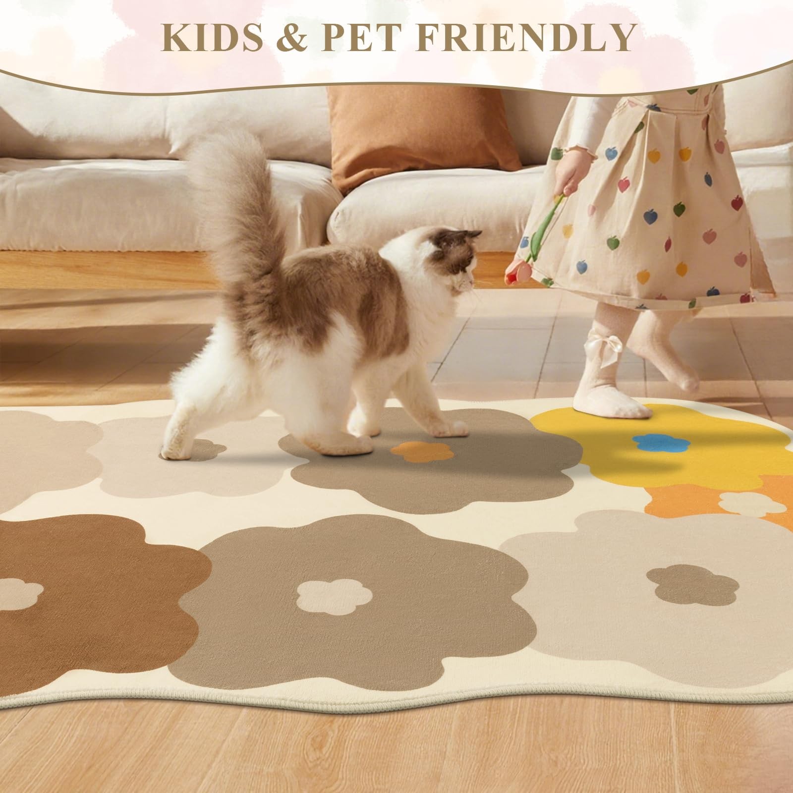 Floral Cute Rug 3×5 Irregular Scalloped Rug Beige Flower Shaped Indoor Mat Be…