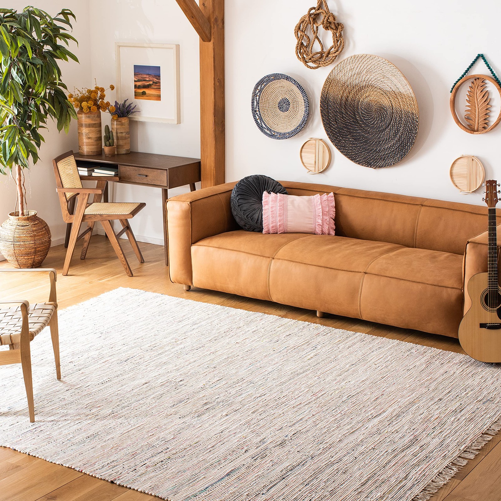 Rag Rug Collection Area Rug – 8′ x 10′, Ivory & Multi, Handmade Boho Stripe C…