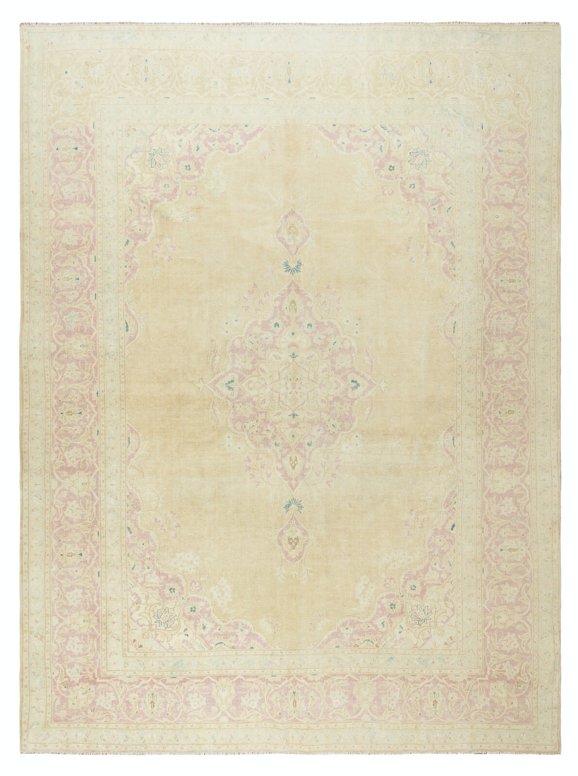 8×10.6 Ft Vintage Handmade Sun Faded Turkish Area Rug in Beige & Soft Pink