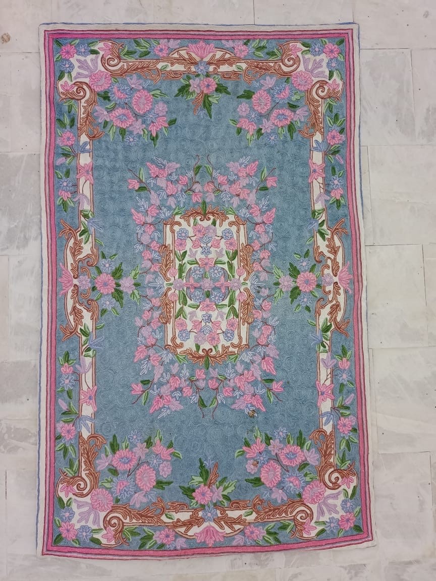 Vintage Beautiful Kashmiri Chain Stitch Silk Embroidered Rug Floor Area