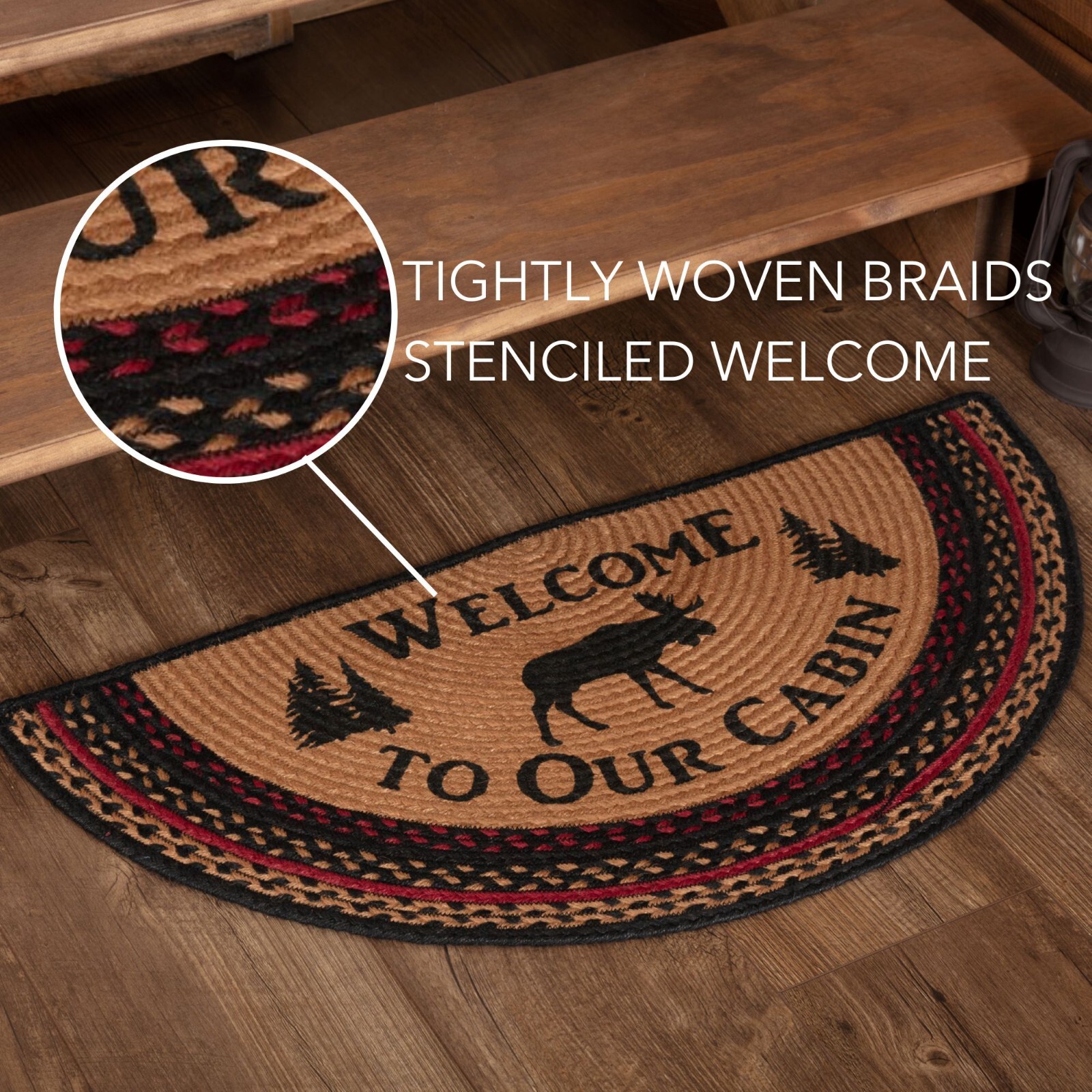 Cumberland Moose JUTE RUG Half Circle 16.5×33 Lodge Rustic Welcome to Our Cabin