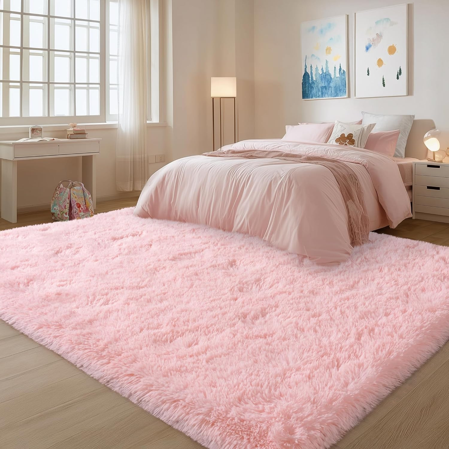 Large Pink Shag Area Rug 10×14 for Living Room, Soft Non-Slip Carpet