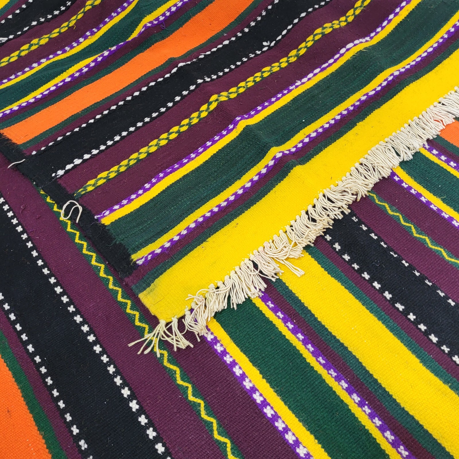 Vintage Handmade Moroccan Rug Orange Black Gold Stripe Berber Tribal Wool Carpet
