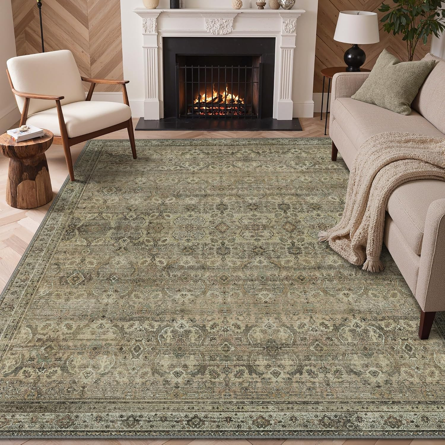 9X12 Washable Area Rugs for Living Room, Non Slip, Sage Green Khaki | Large Vint