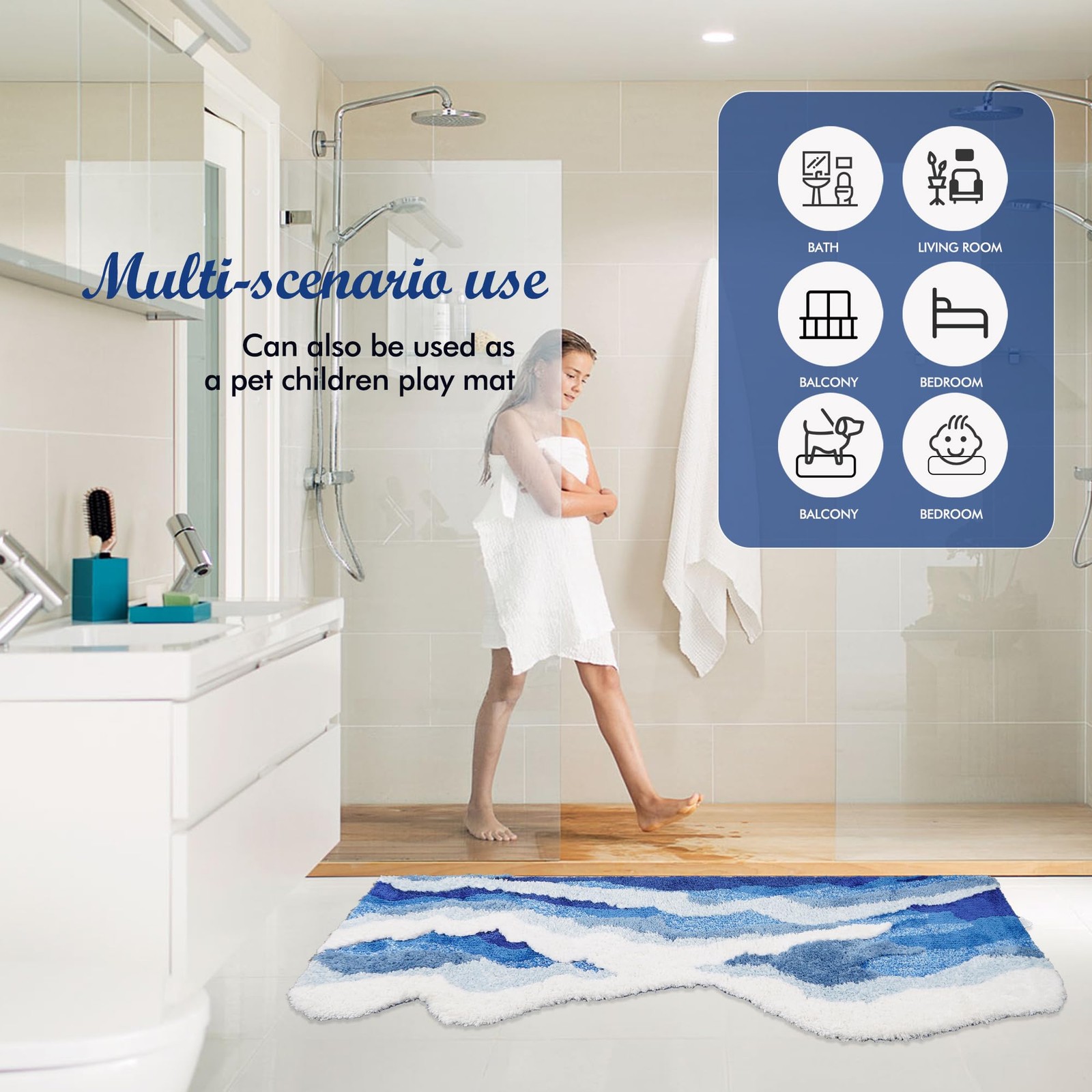 Wave Ocean Rug – Wavy Bathroom Carpet, Romantic Blue Bath Mat, 3D Microfiber …