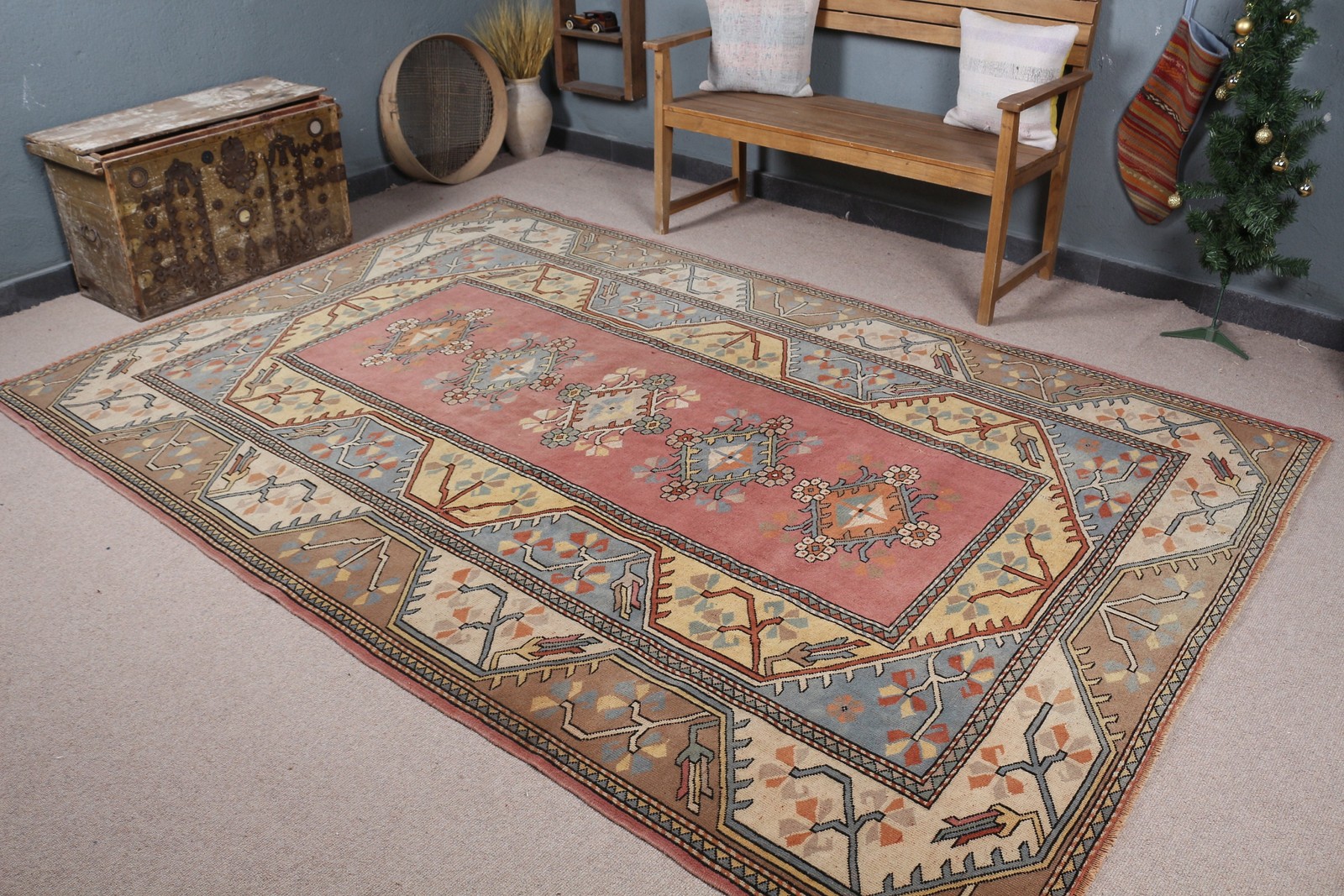 Turkish 6,3×9,4 ft Rug, Vintage Large Rug, Red Southwestern Rug