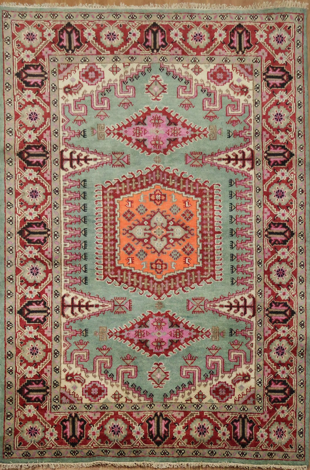 Elegant Turquoise and Coral 6×9 Traditional Hand-Knotted Wool Area Rug