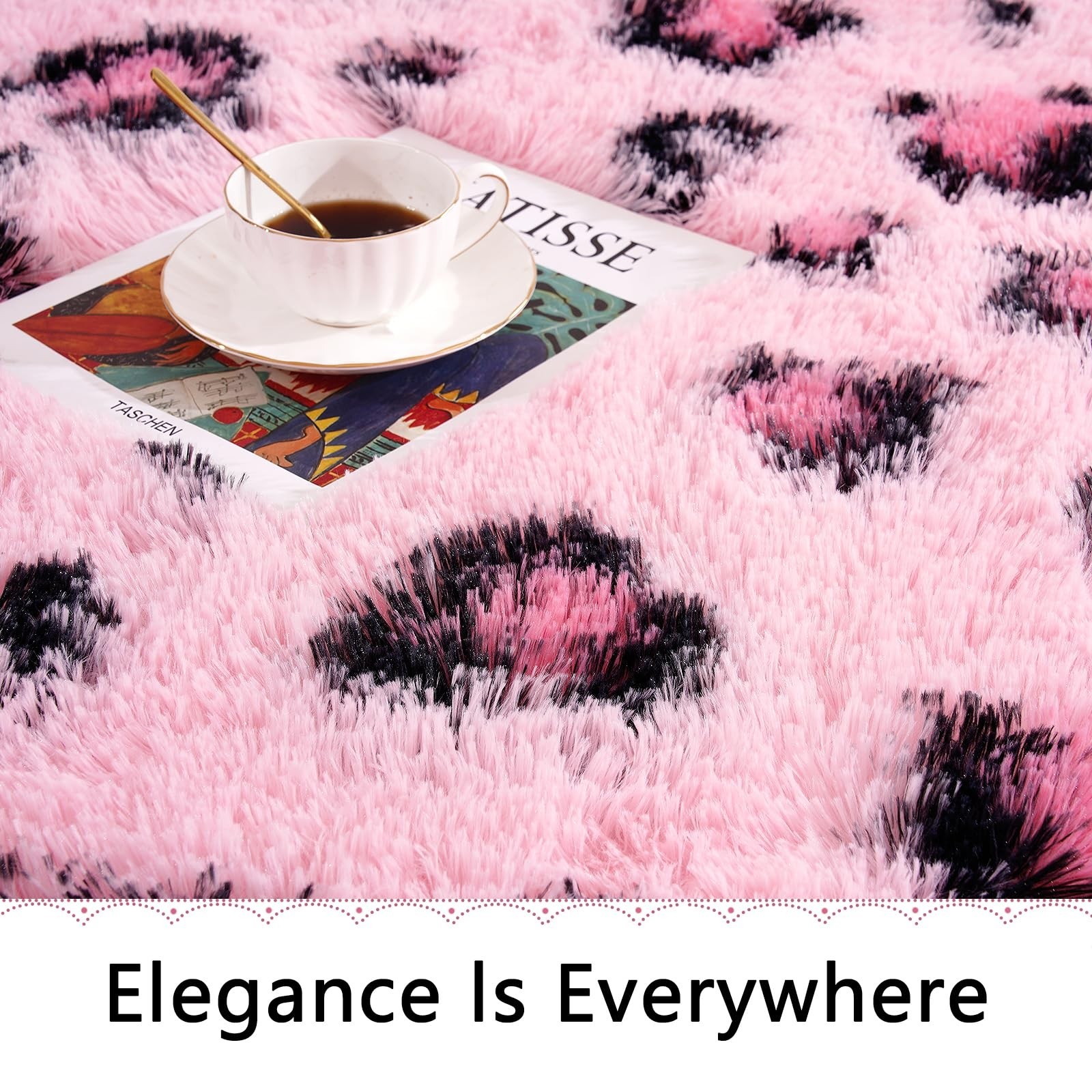 Fluffy Pink Leopard Area Rug 5×8 Feet – Soft Faux Fur Cheetah Print Carpet for K