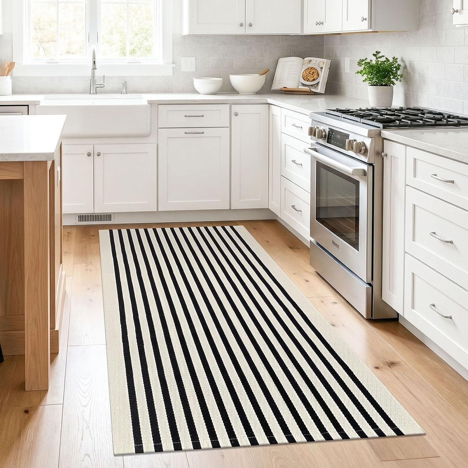 Low Pile 3×5 Beige Striped Rug Durable Cotton Polyester Blend for Indoors