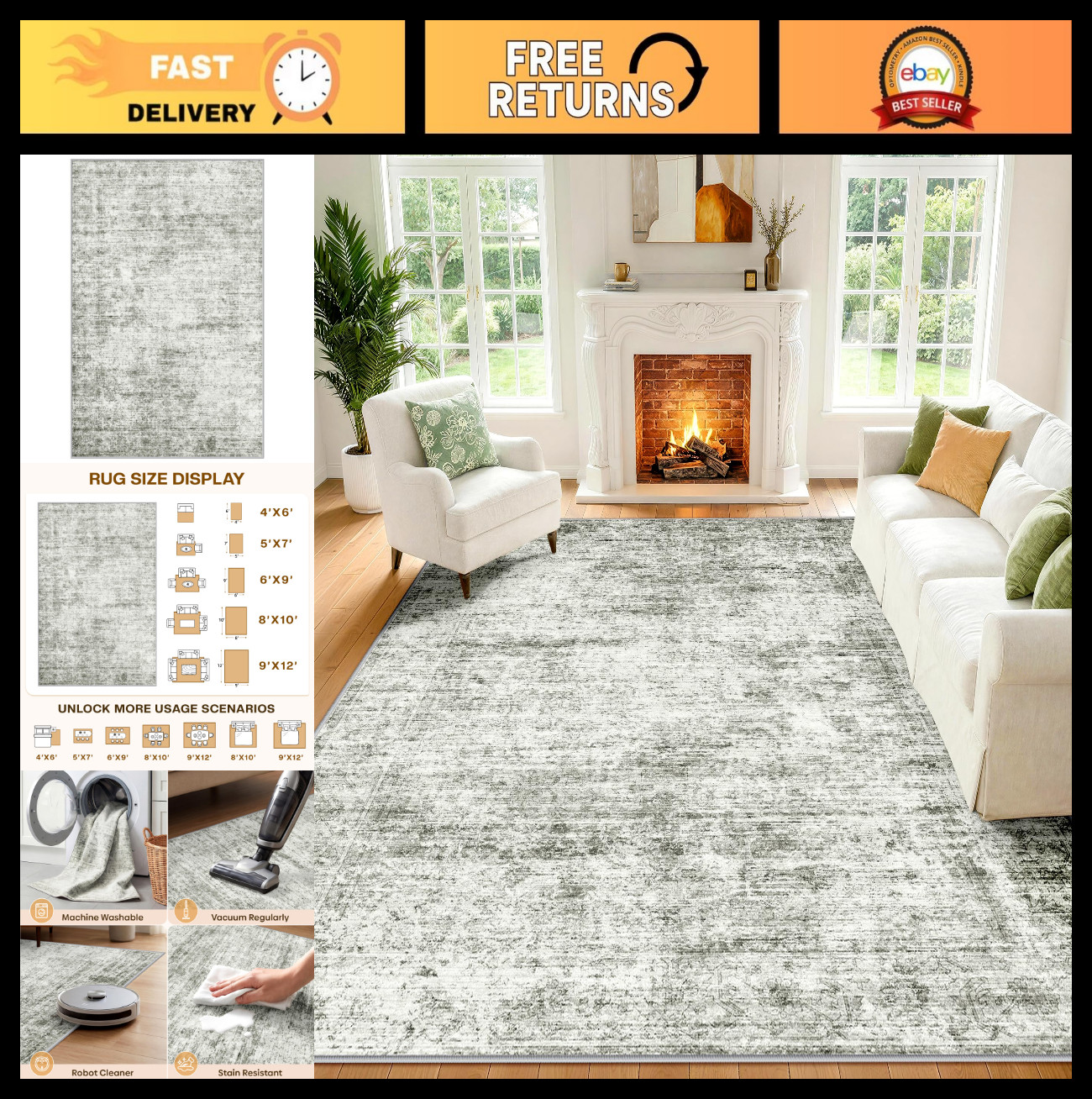 6×9 Washable Area Rug – Retro Vintage Non-Slip Carpet for Living Room & Bedroom