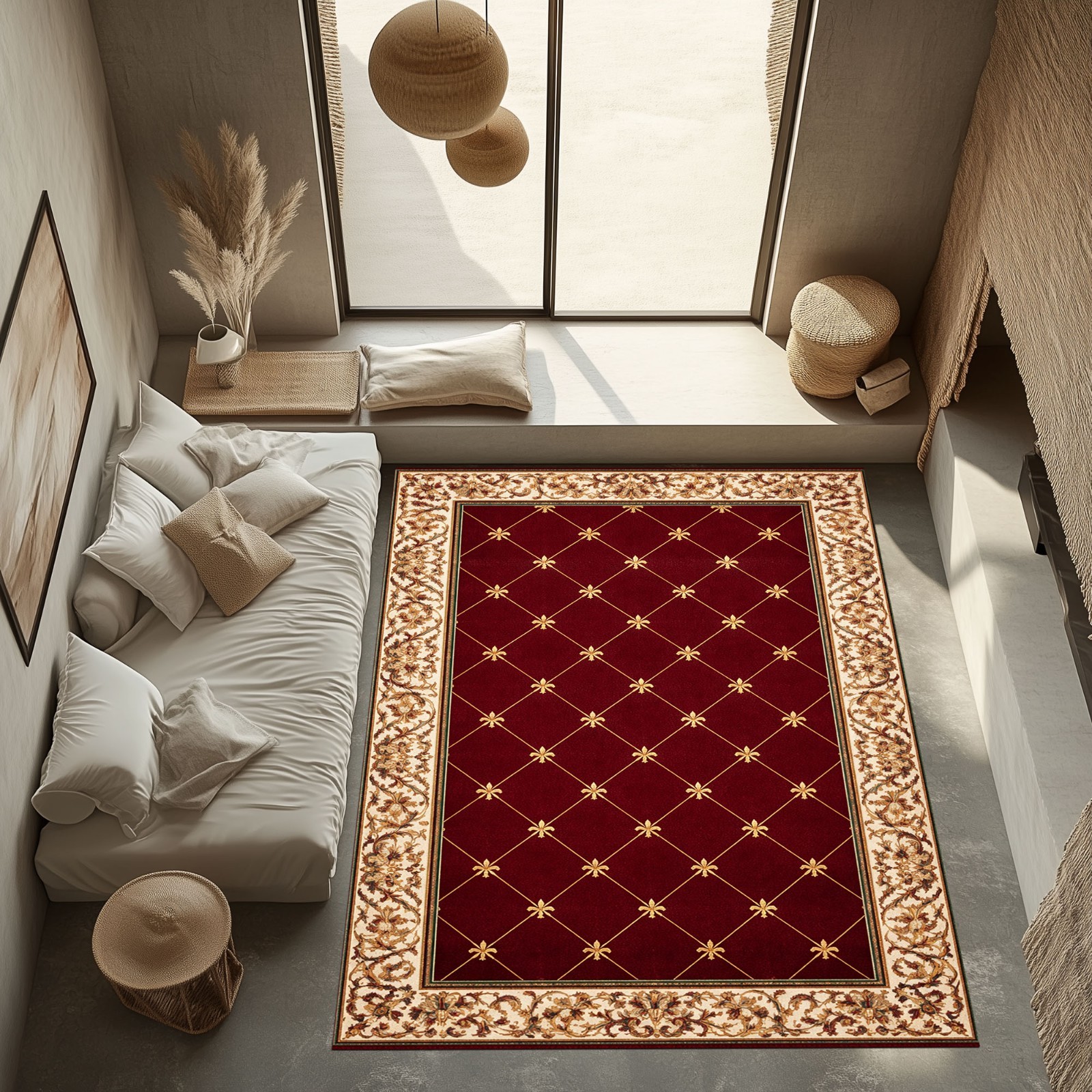 Red Gold Classic Area Rug Elegant Floral Border Traditional Living Room