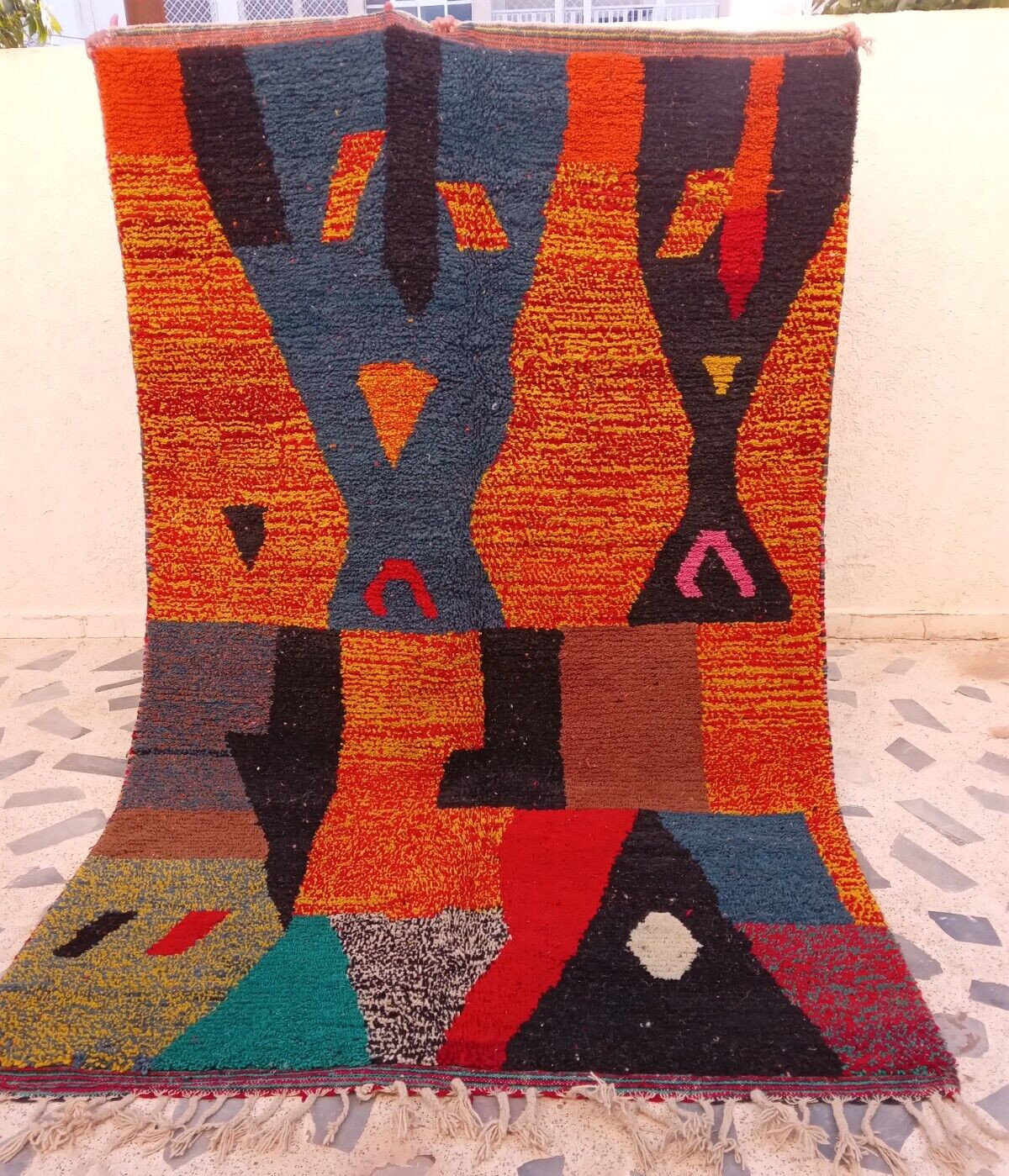 Moroccan Rug Boujaad Handmade Berber 6’4×9’7 Traditional Orange Black Wool Rug