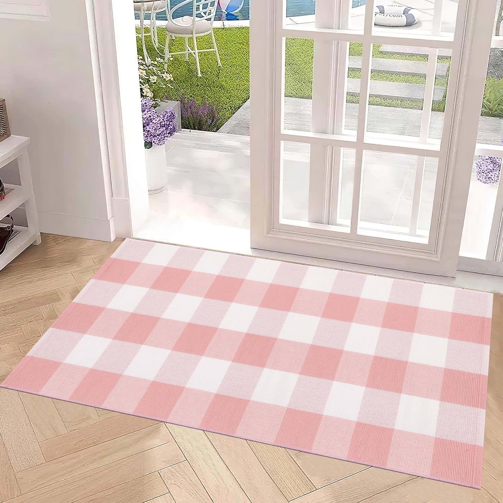 Pink and White Buffalo Outdoor Rug 24”x51”Checkered Plaid Front Porch Rug C…