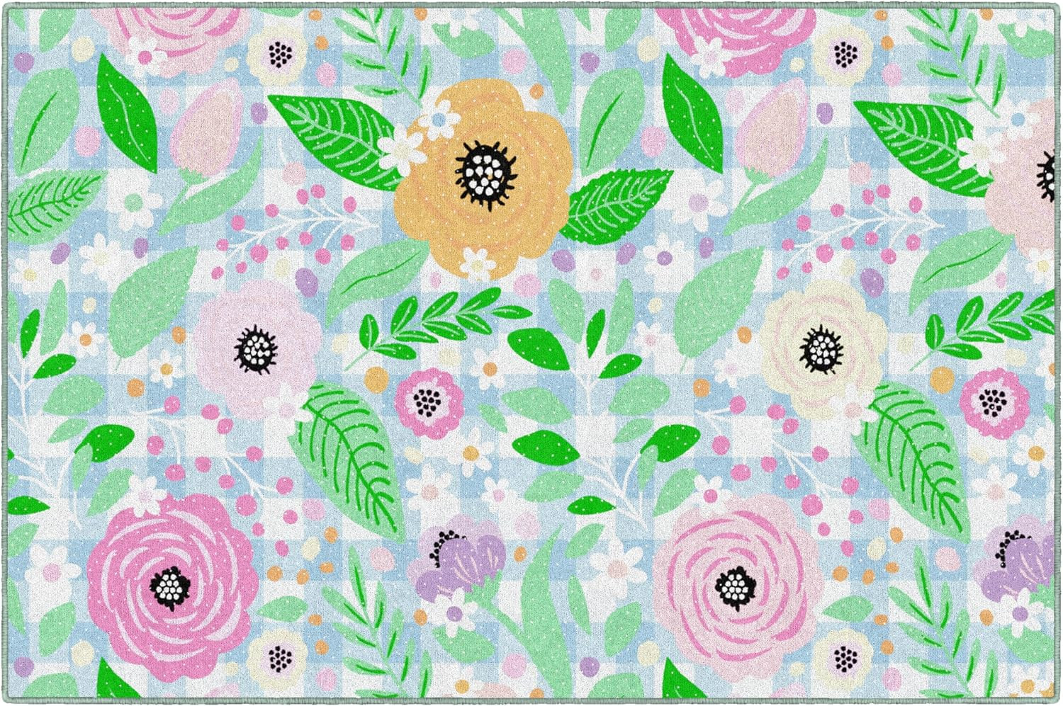 Pastel Floral Gingham Area Rug for Kids Room & Classroom, 5′ x 7’6