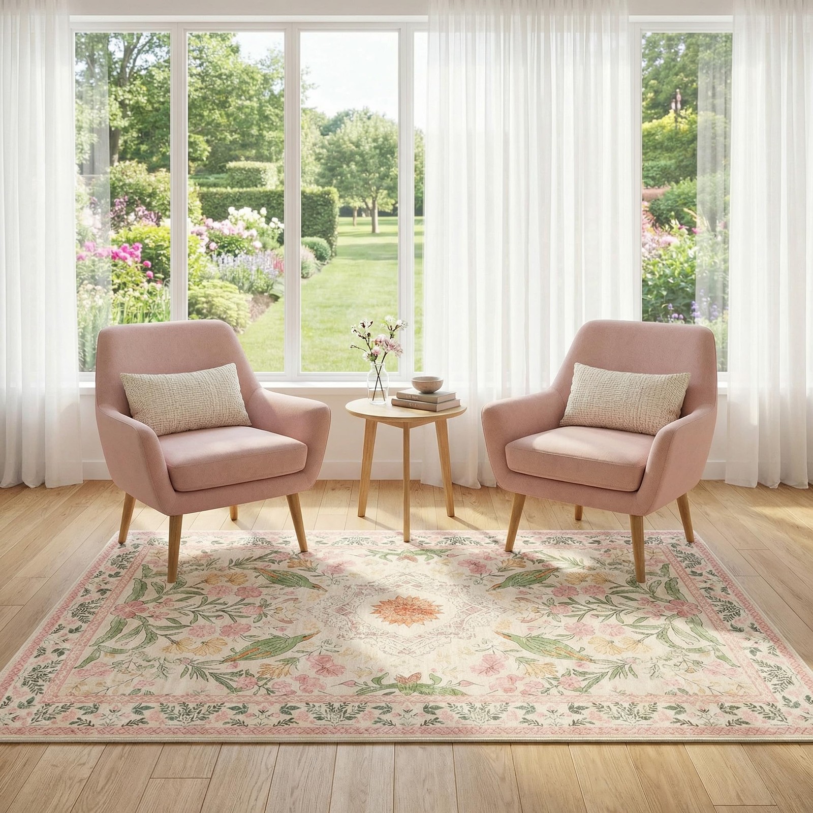 3’x5′ Bohemian Floral Accent Rug, Washable Non-Slip Silicone Backing Low Pile…
