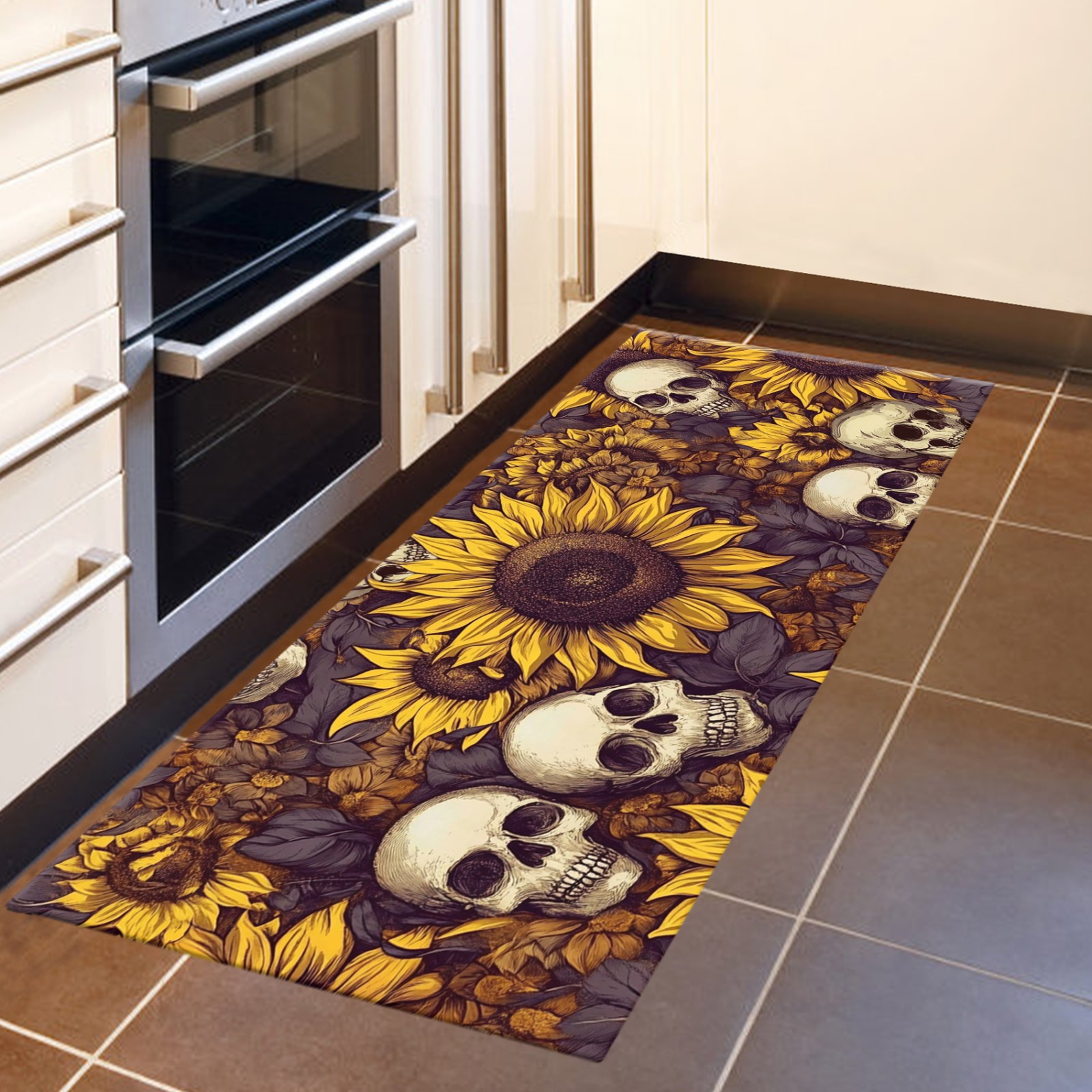 Gothic Skull Sunflower Kitchen Mat Non-Slip Carpet Bedroom Floor Area Rugs