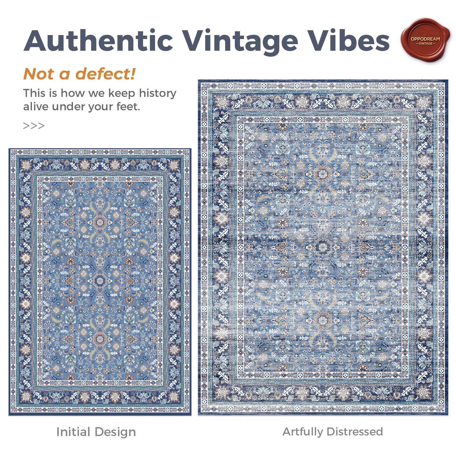Vintage Blue 2×6 Runner Rug, 2 x 6 Retro Washable Rug Non Slip, Low-Pile Faux…