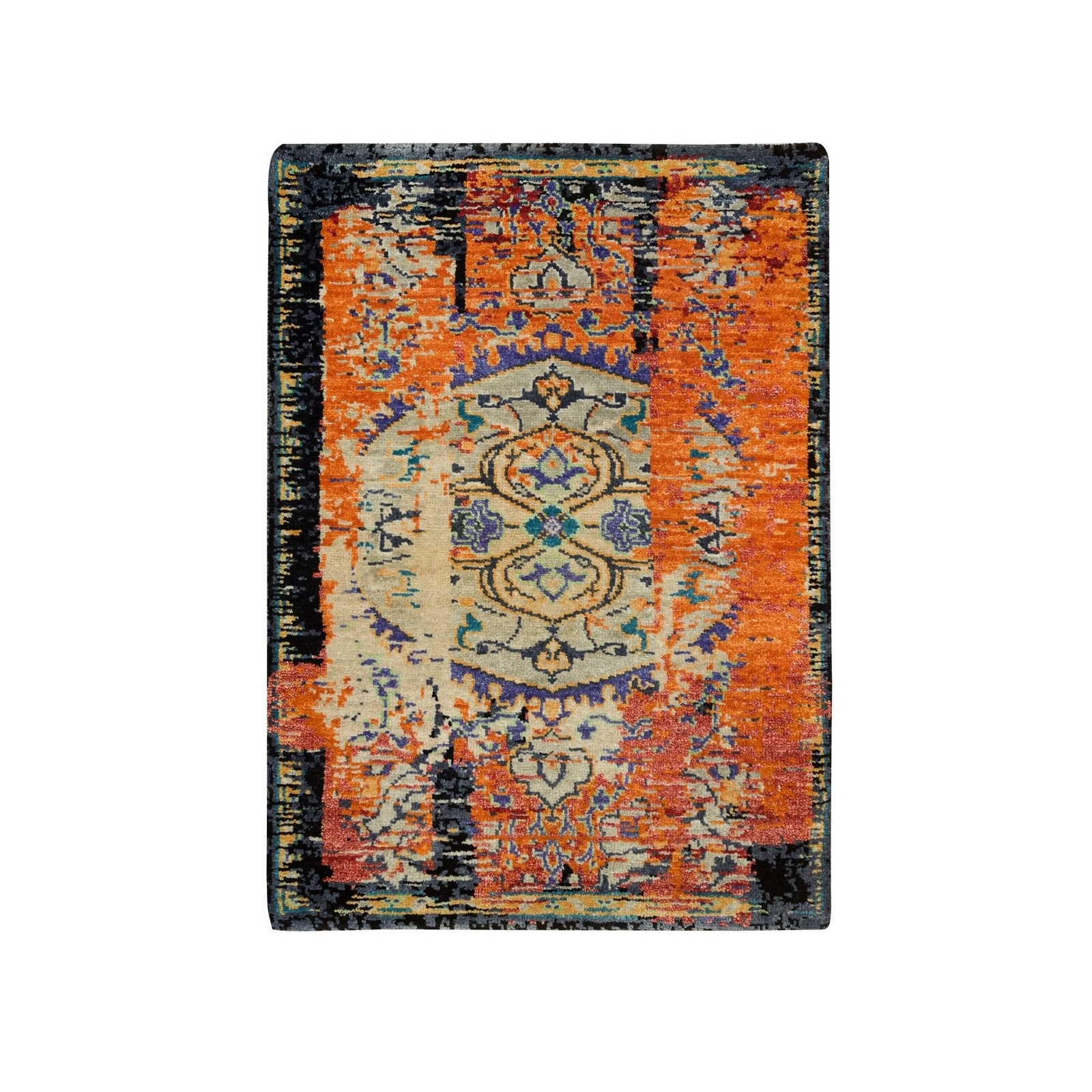 2’2″x3’1″ Orange Hand Knotted Ancient Ottoman Erased Design Wool Mat Rug R65918
