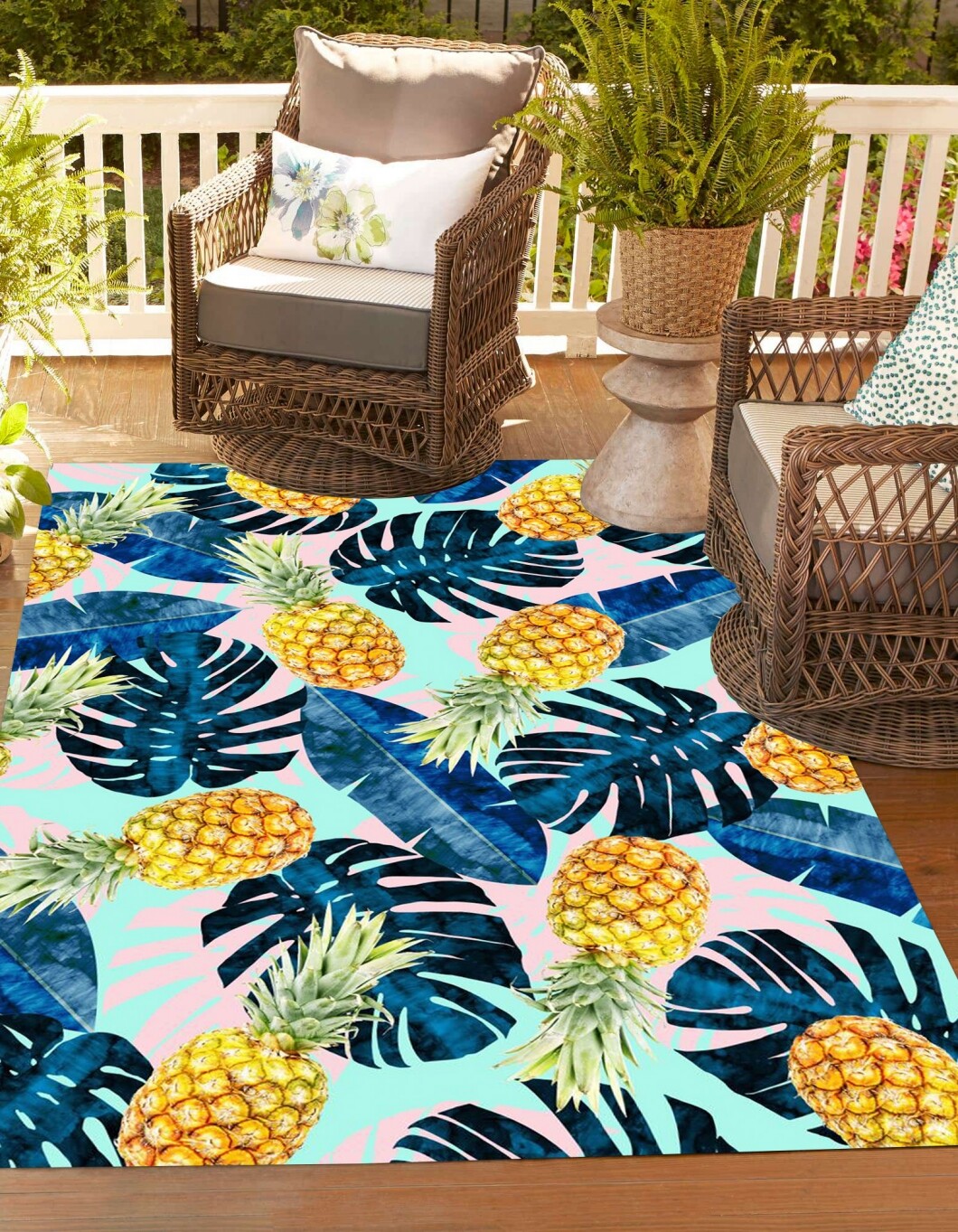 Outdoor Rug Yellow Jumping Pineapple Blue Leaves Reversible Waterproof Area Rug