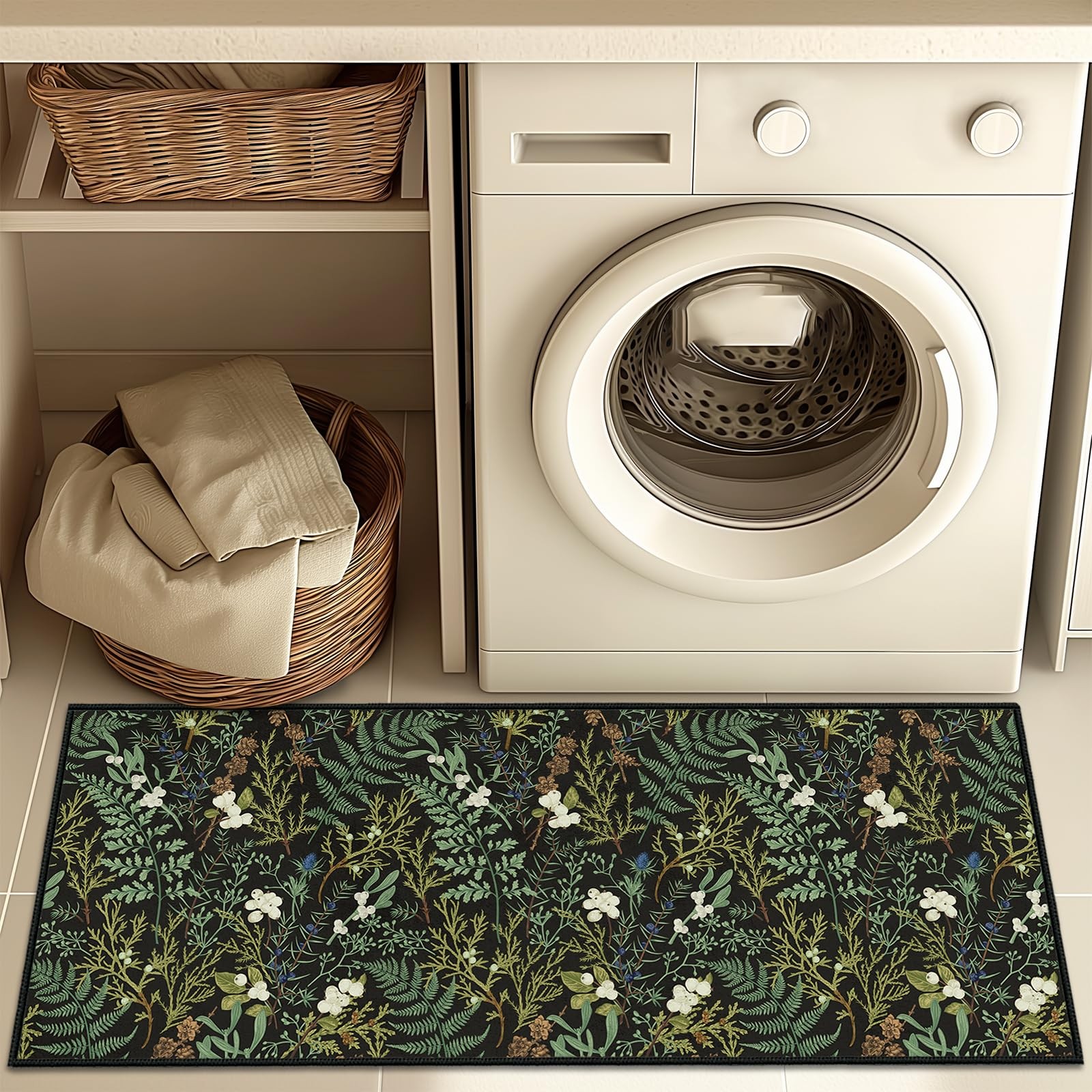 Black Green Rug 2×4 Small Area Rugs,Botanical Print Entryway Rug,Ultra-Thin S…