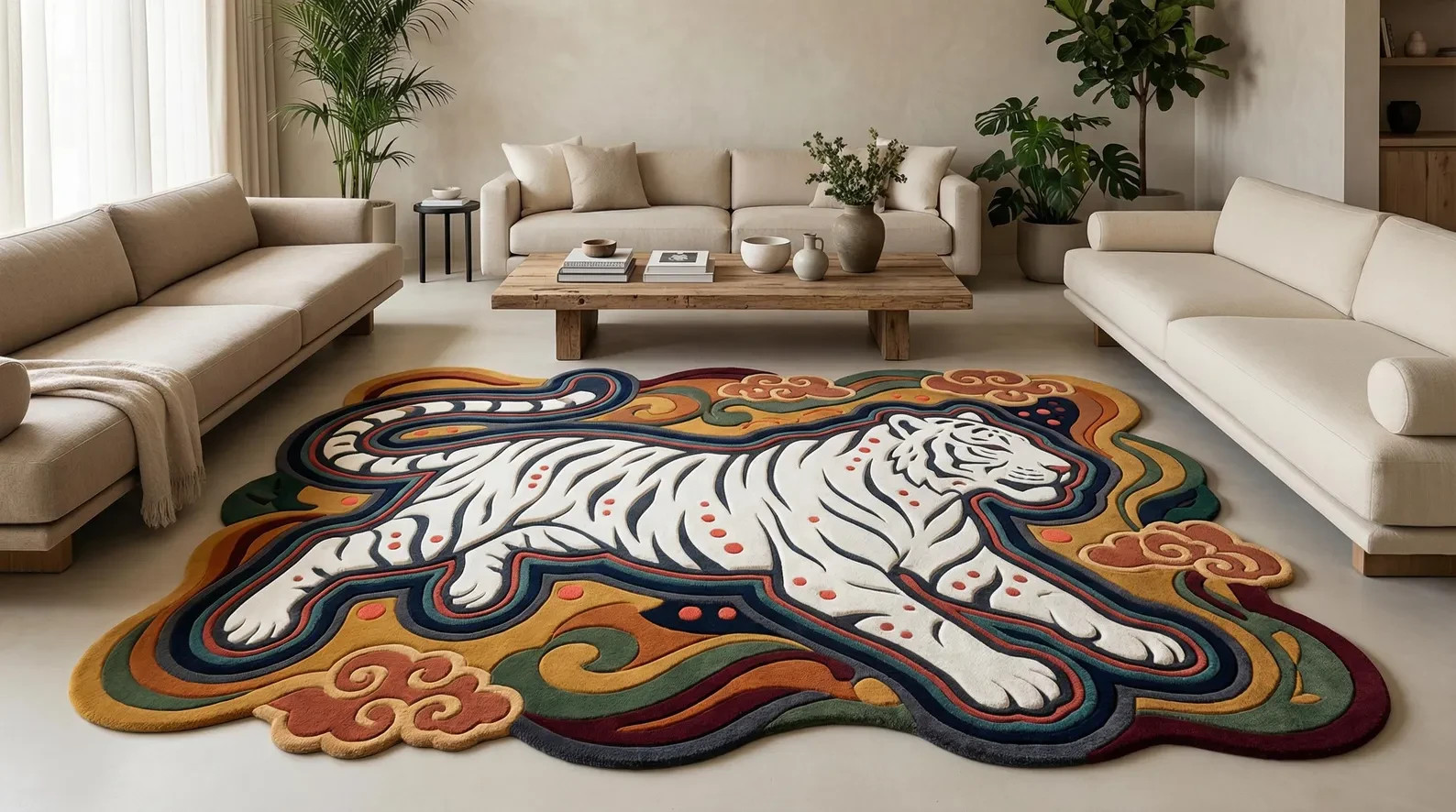 Hand Tufted White Tiger Area Rug | Bold Animal Art Wool Living Room Carpet