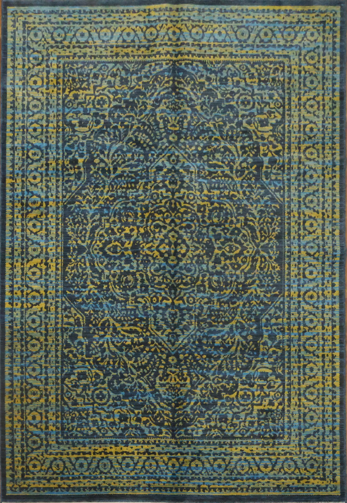 Blue Teal Art Deco Turkish Area Rug 6×9 Ft Modern Oriental Wool Bedroom Carpet