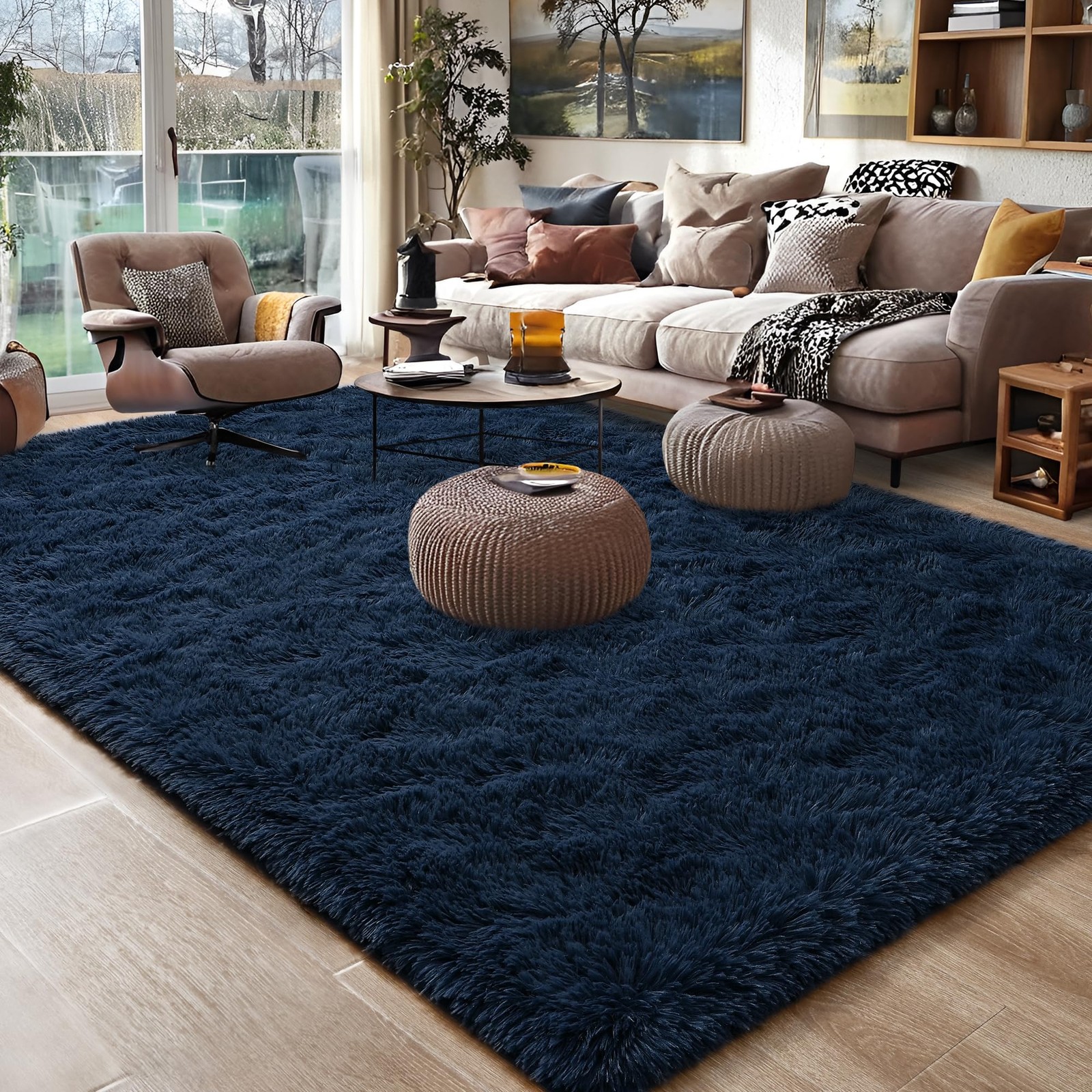 Foxmas Navy Blue 3×5 Shaggy Fluffy Area Rug for Bedroom Kids Room Nursery