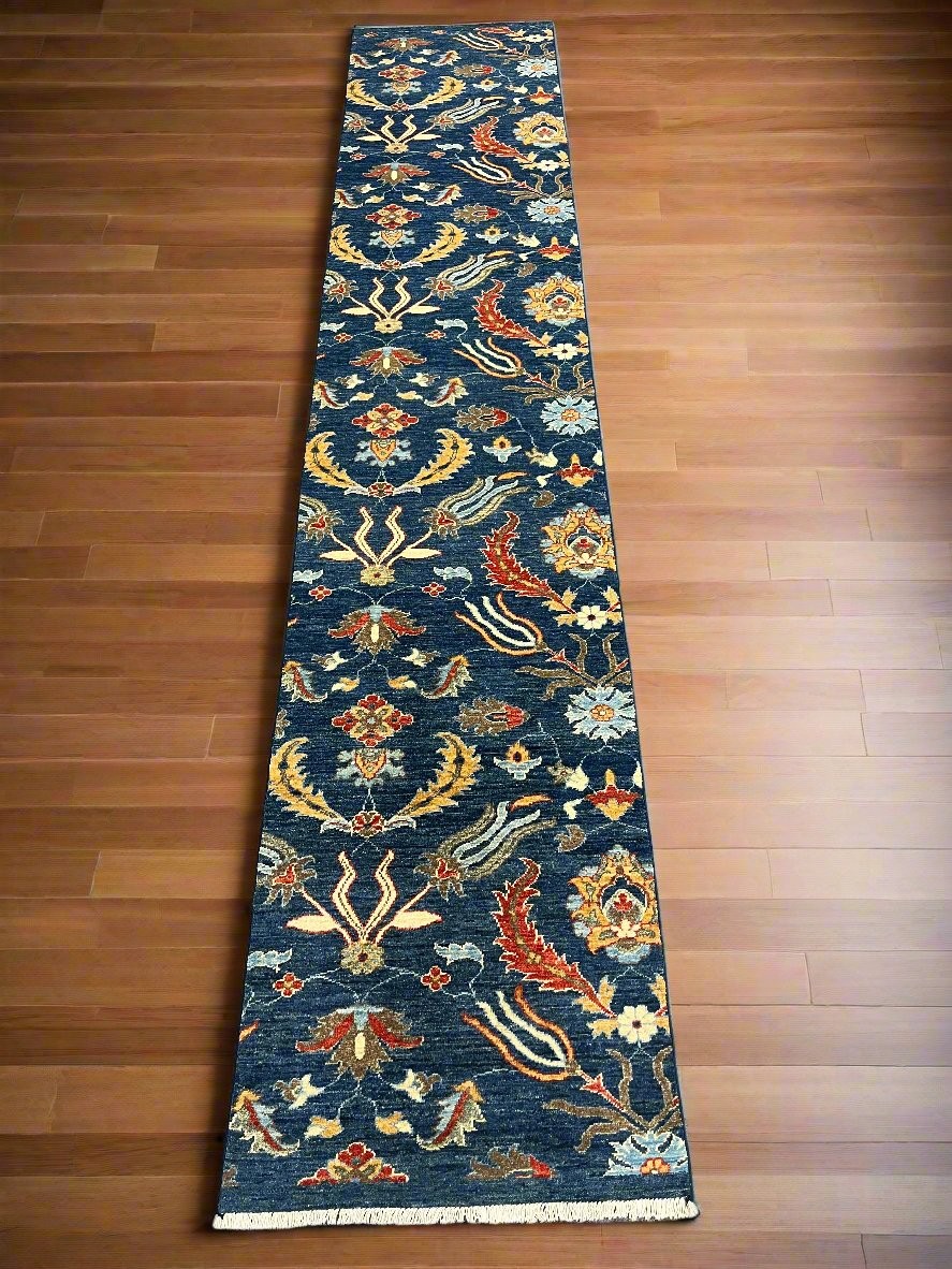 Navy floral 2′ 6″X13 Handmade Wool Runner Rug # 14556
