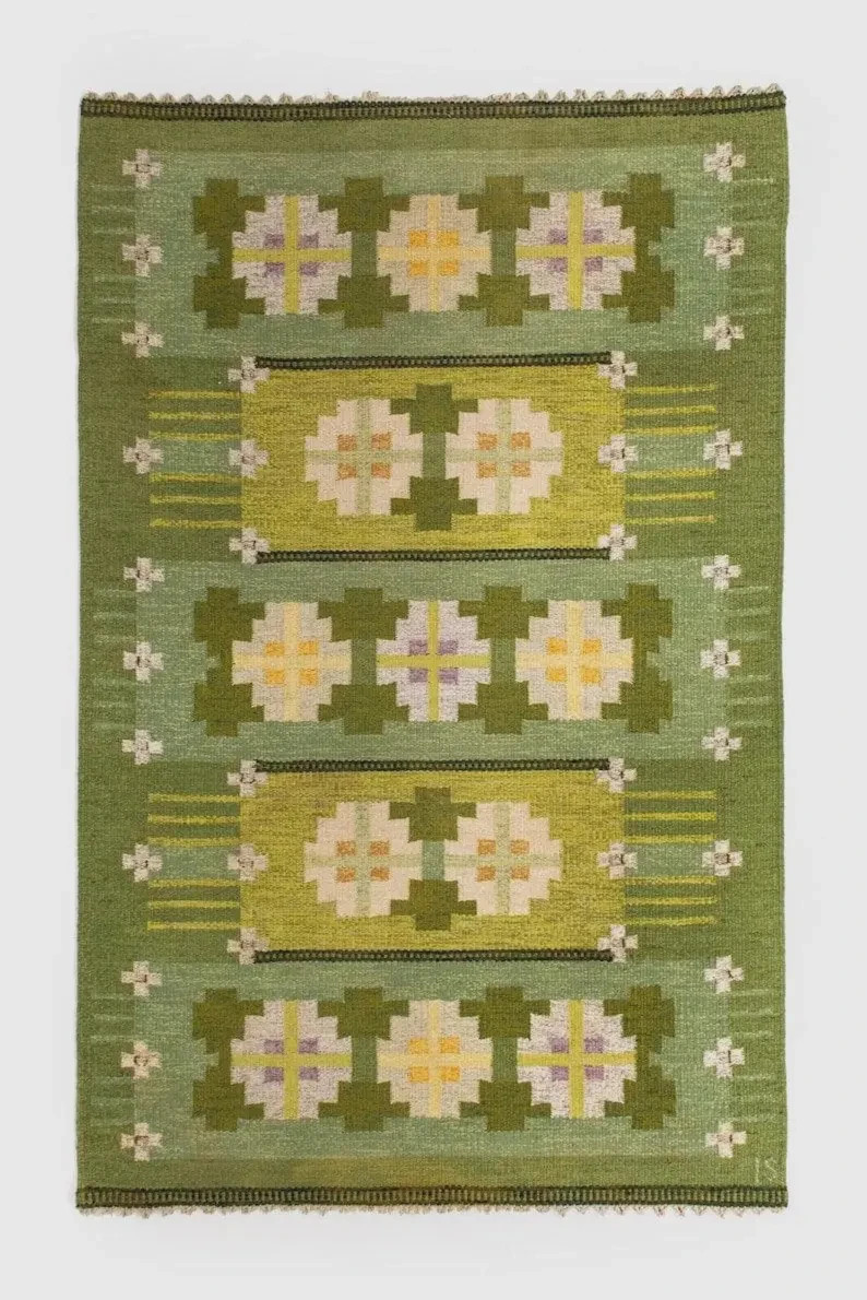 Green Flat weave Scandinavian Swedish Kilim Rug for Living Room Area Rug Bedroom