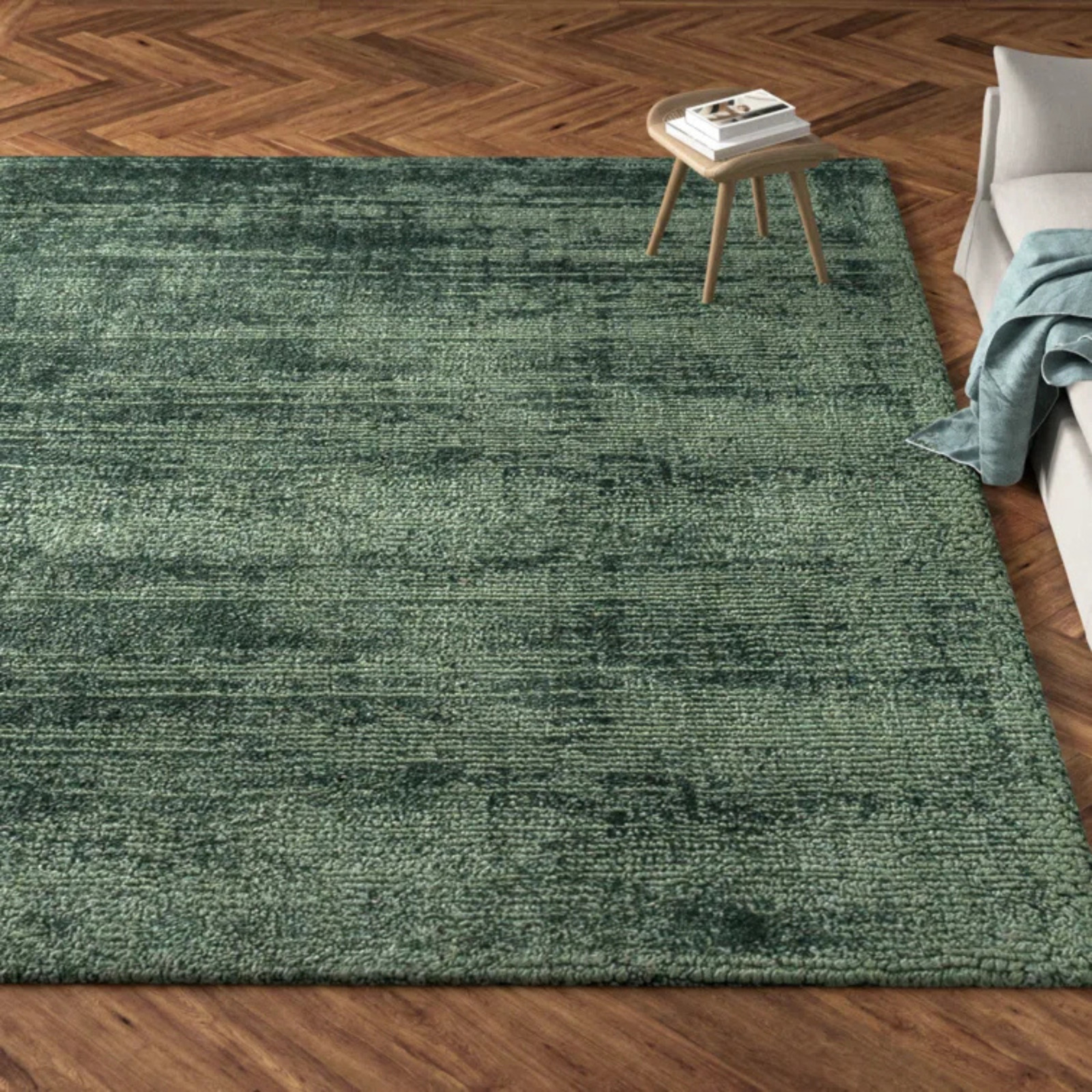Hand Loomed Carpet Dark Green Viscose Area Rug, Hand Knotted Art Silk Rug