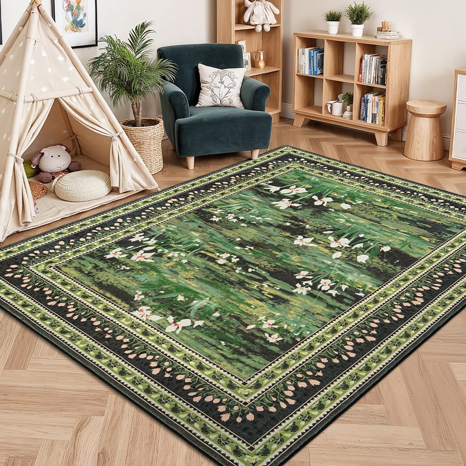 Soft Faux Wool 5×7 Dark Green Floral Rug – Stain Resistant & Family Friendly