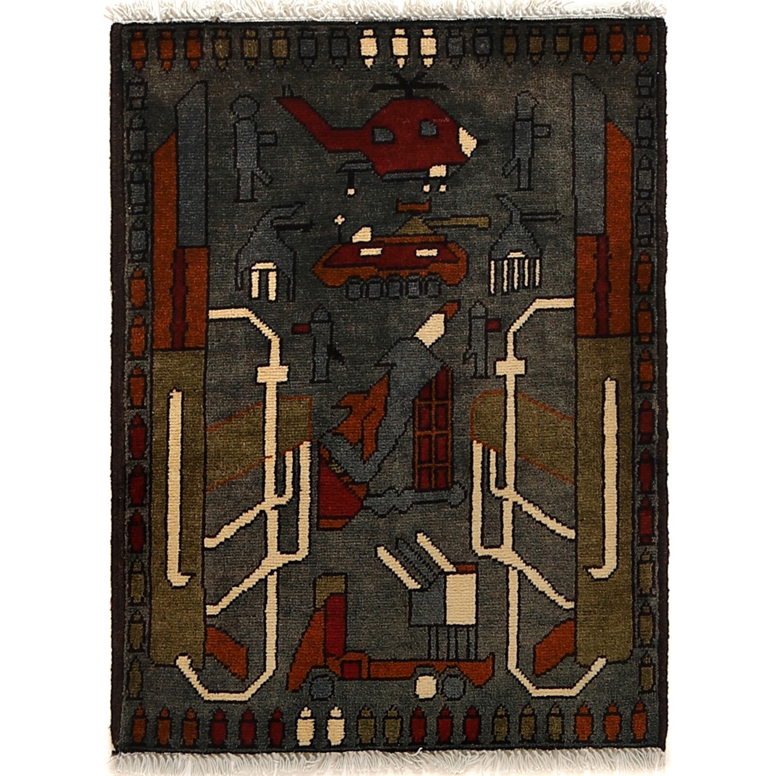 Traditional Handmade Helicopter M416 War Design Small Grey Rug 2’x2’7 ft. G24152