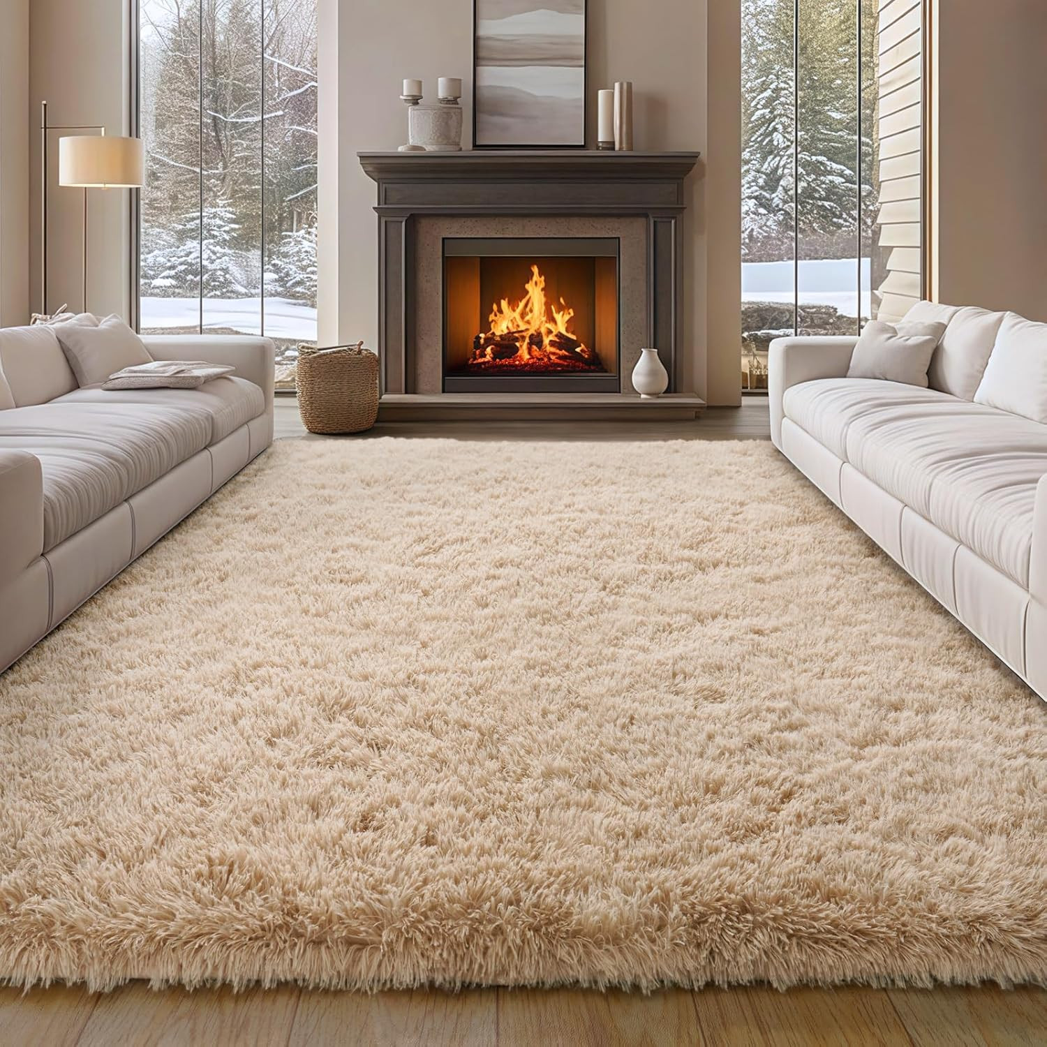 Beige 9×12 Fluffy Shag Area Rug – Soft Non-Slip Carpet for Living Room & Nursery