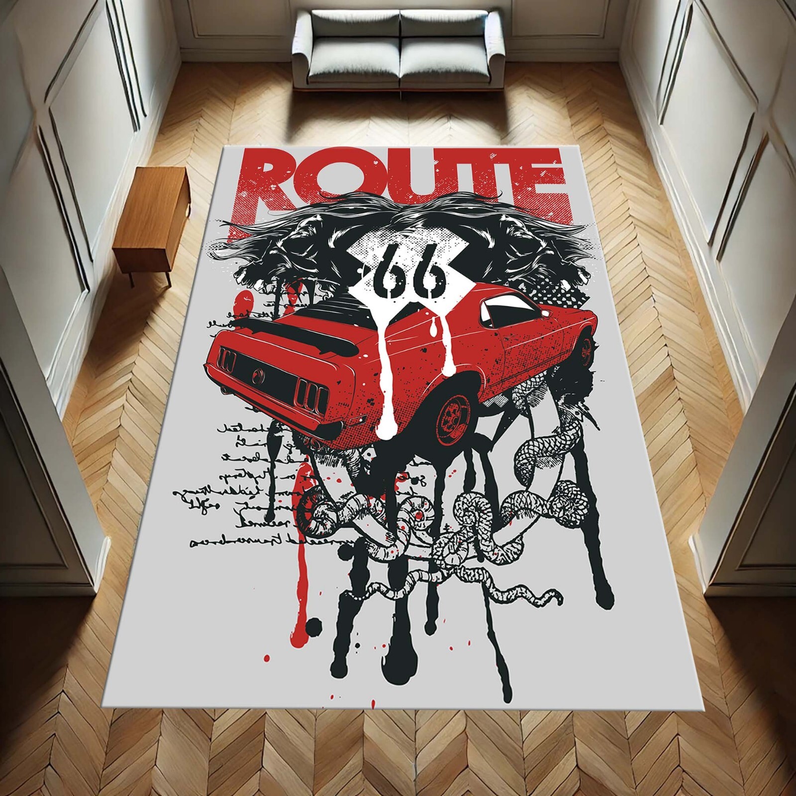 Route 66 Rug, Retro Car Rug, Muscle Car Decor, Vintage Auto Mat, Bold Graphic